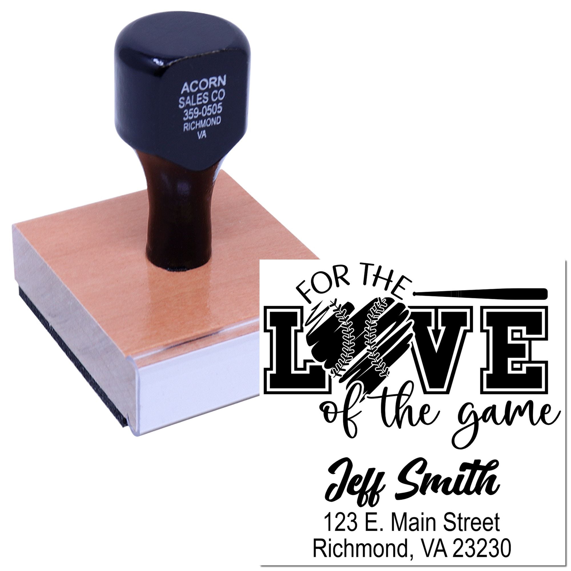 Personalized rubber stamp with baseball love-of-the-game design, name, and address for custom business or sports branding.