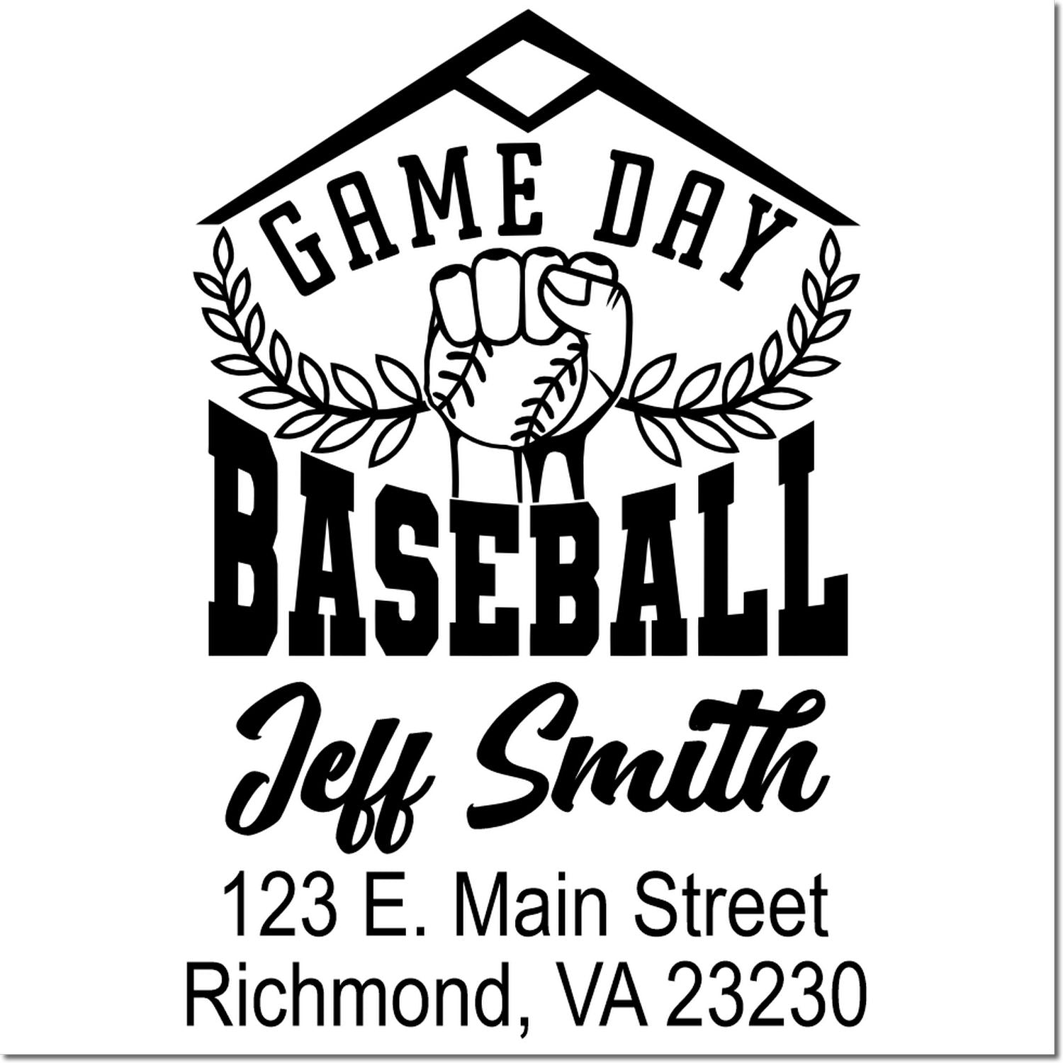 Personalized baseball game day rubber stamp with fist-in-glove design, Jeff Smith name, and return address.