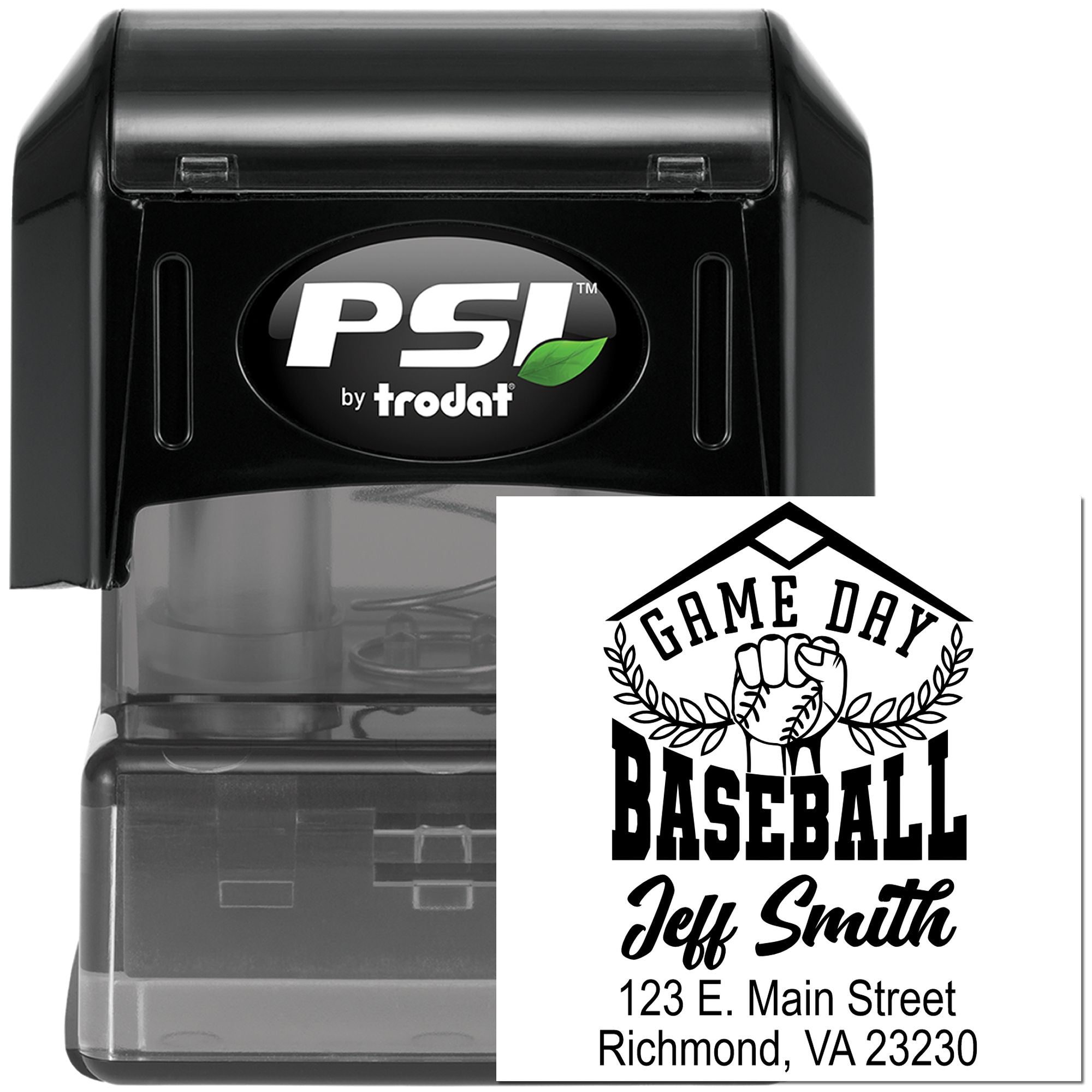 Custom self-inking baseball rubber stamp with name and address, ideal for sports teams, fans, and promotional branding.