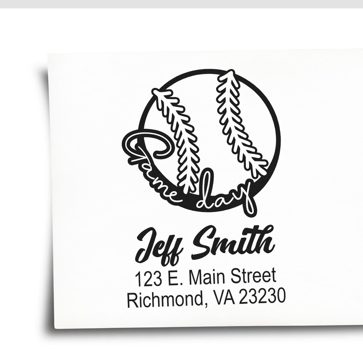 Custom baseball-themed address rubber stamp for Jeff Smith, with personalized name and Richmond, VA mailing address.