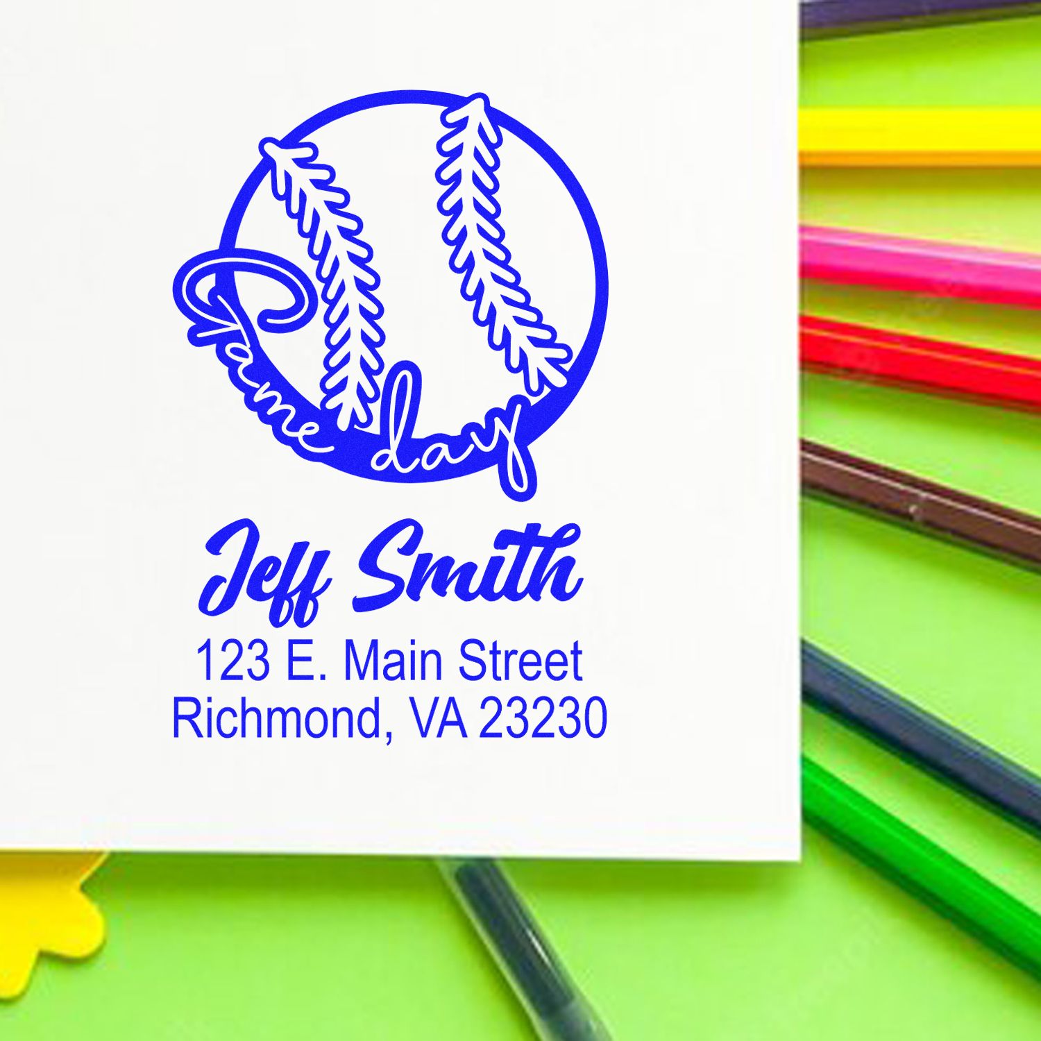 Custom baseball-themed return address rubber stamp for Jeff Smith, Richmond, VA 23230