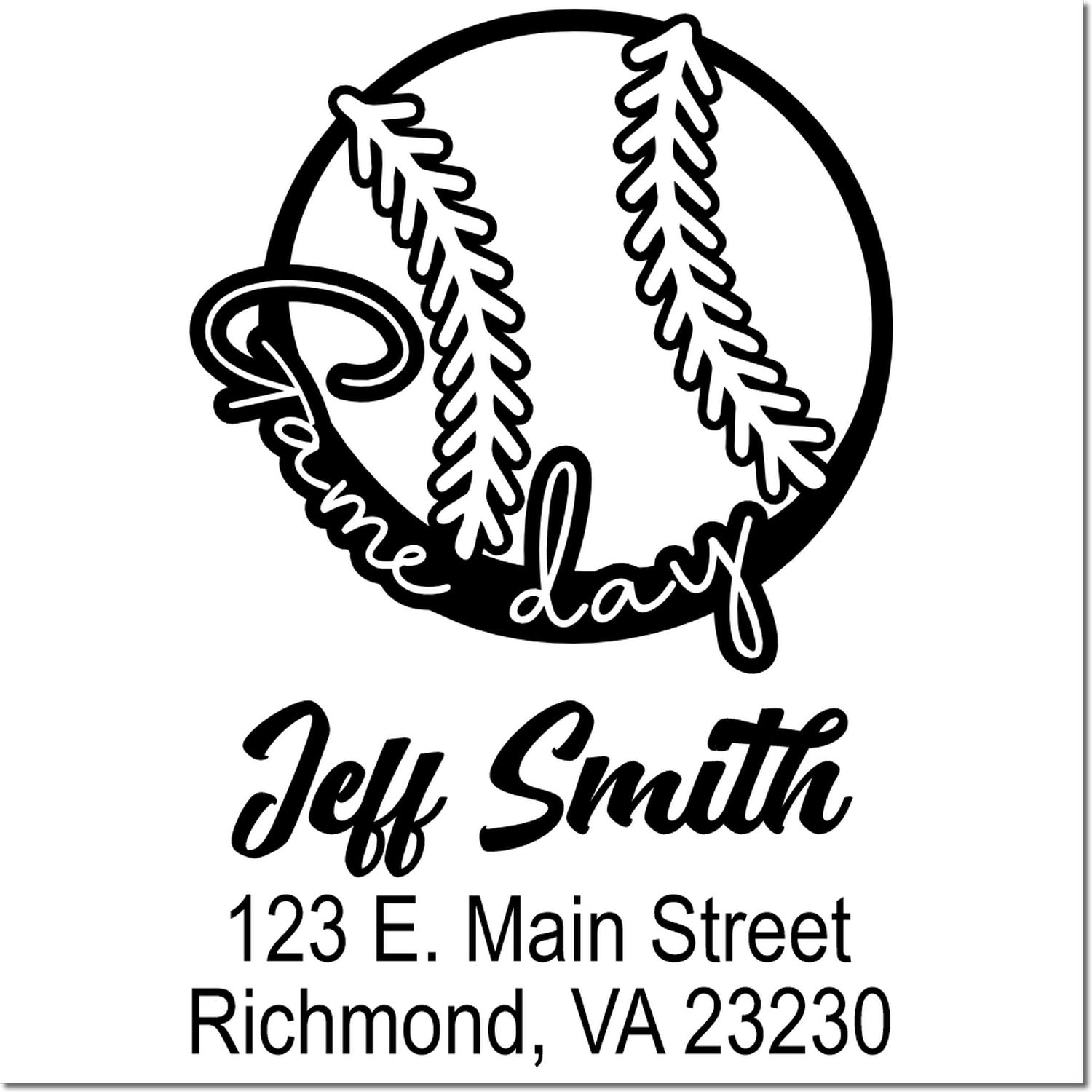 Custom return address rubber stamp with evergreen wreath design, Jeff Smith, 123 E. Main Street, Richmond, VA 23230.