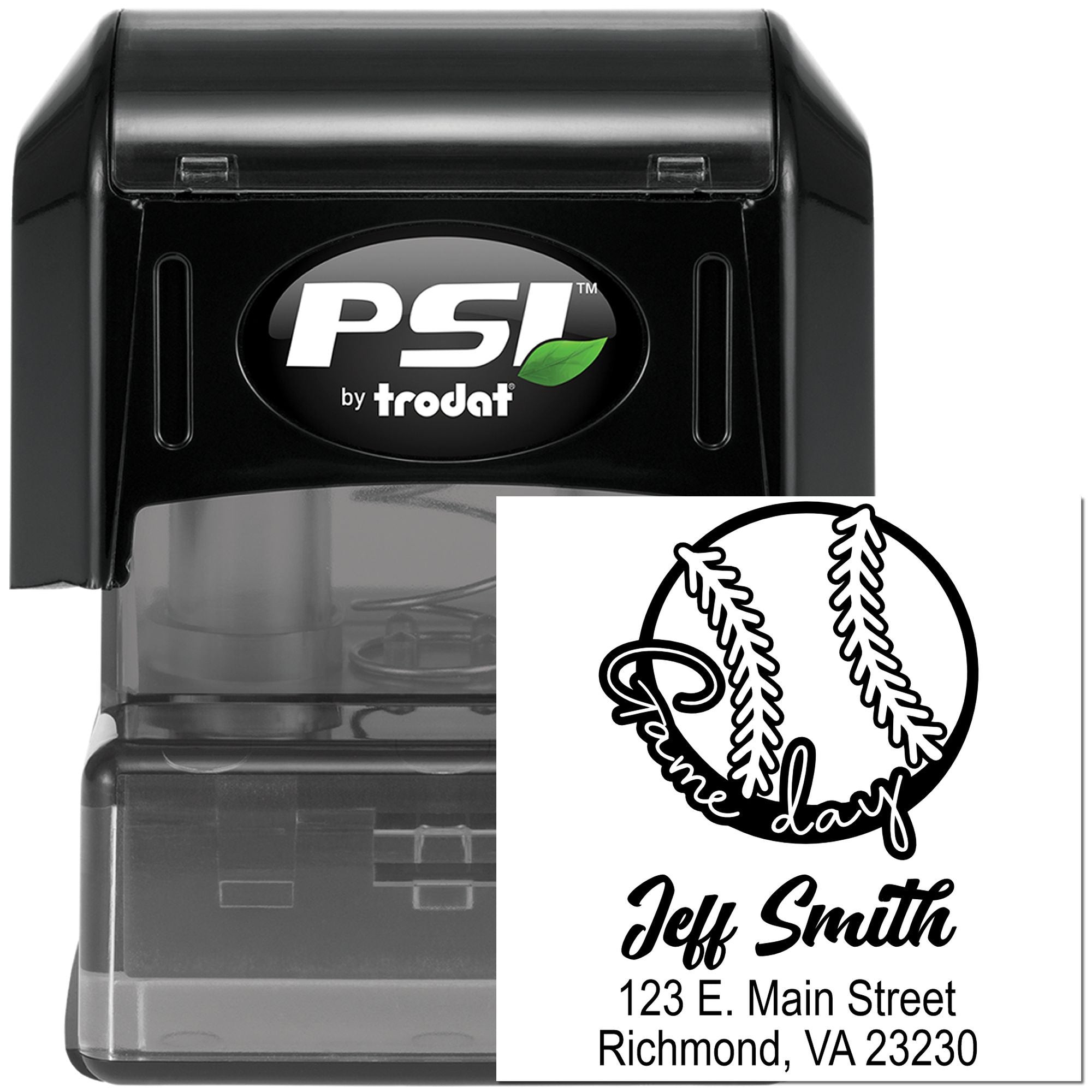 Personalized self-inking rubber address stamp for baseball fans, featuring Jeff Smith and Richmond, VA return address.