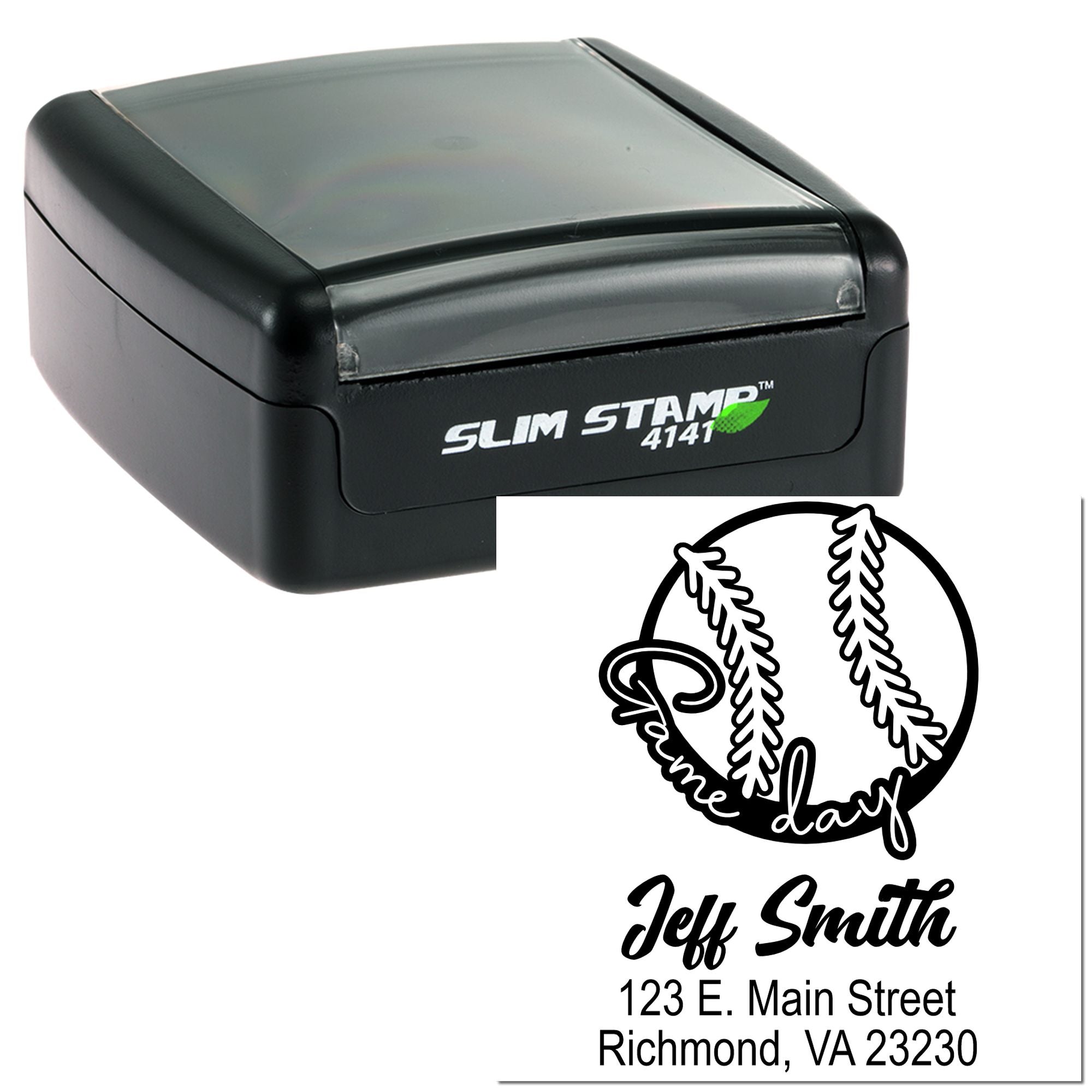 Custom self-inking rubber stamp with baseball design, name, and address for personalized return addresses and sports stationery.