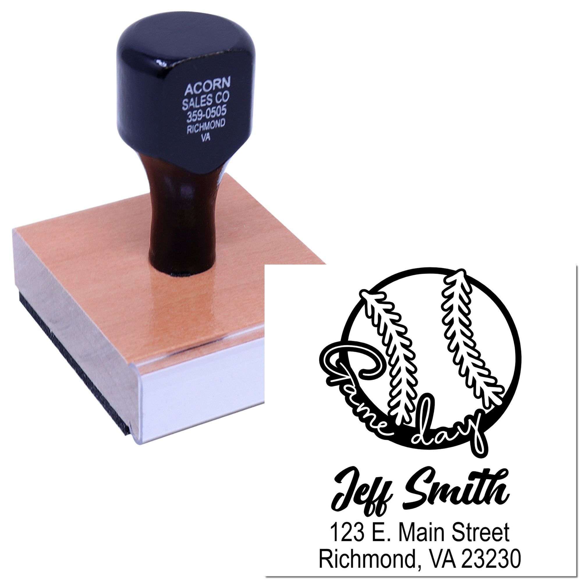 Personalized baseball rubber stamp with custom name, address, and logo for sports stationery and fan mail.