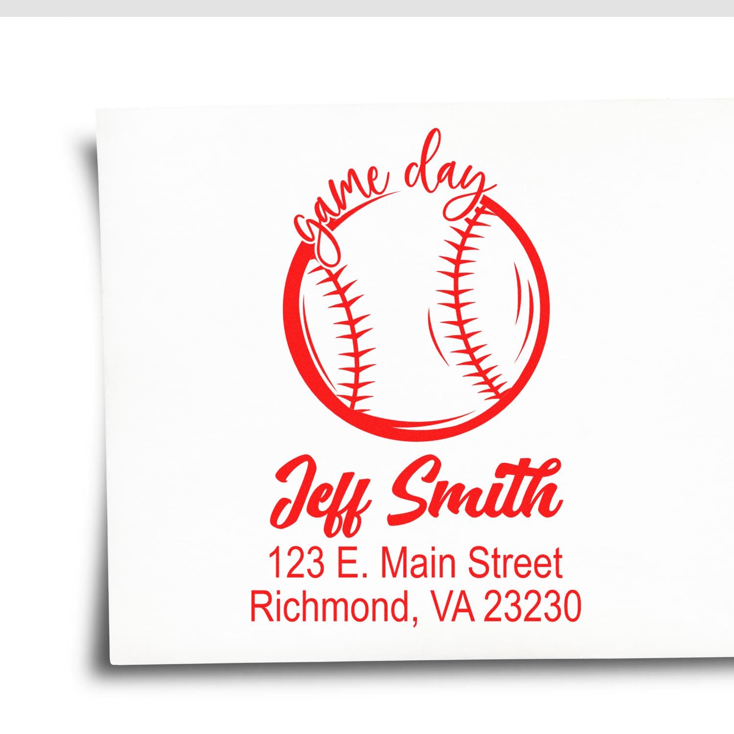 Custom baseball return address rubber stamp for Jeff Smith, 123 E. Main Street, Richmond, VA 23230.