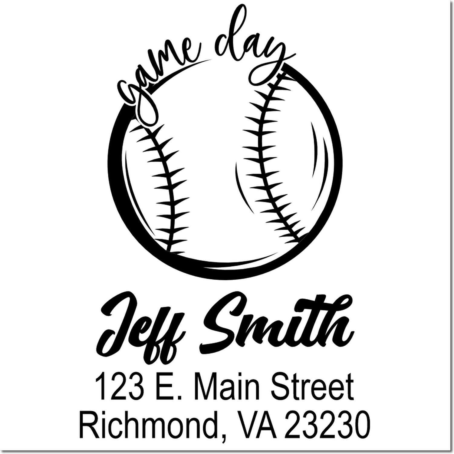 Custom baseball game day rubber stamp with Jeff Smith name and address, featuring a baseball logo.