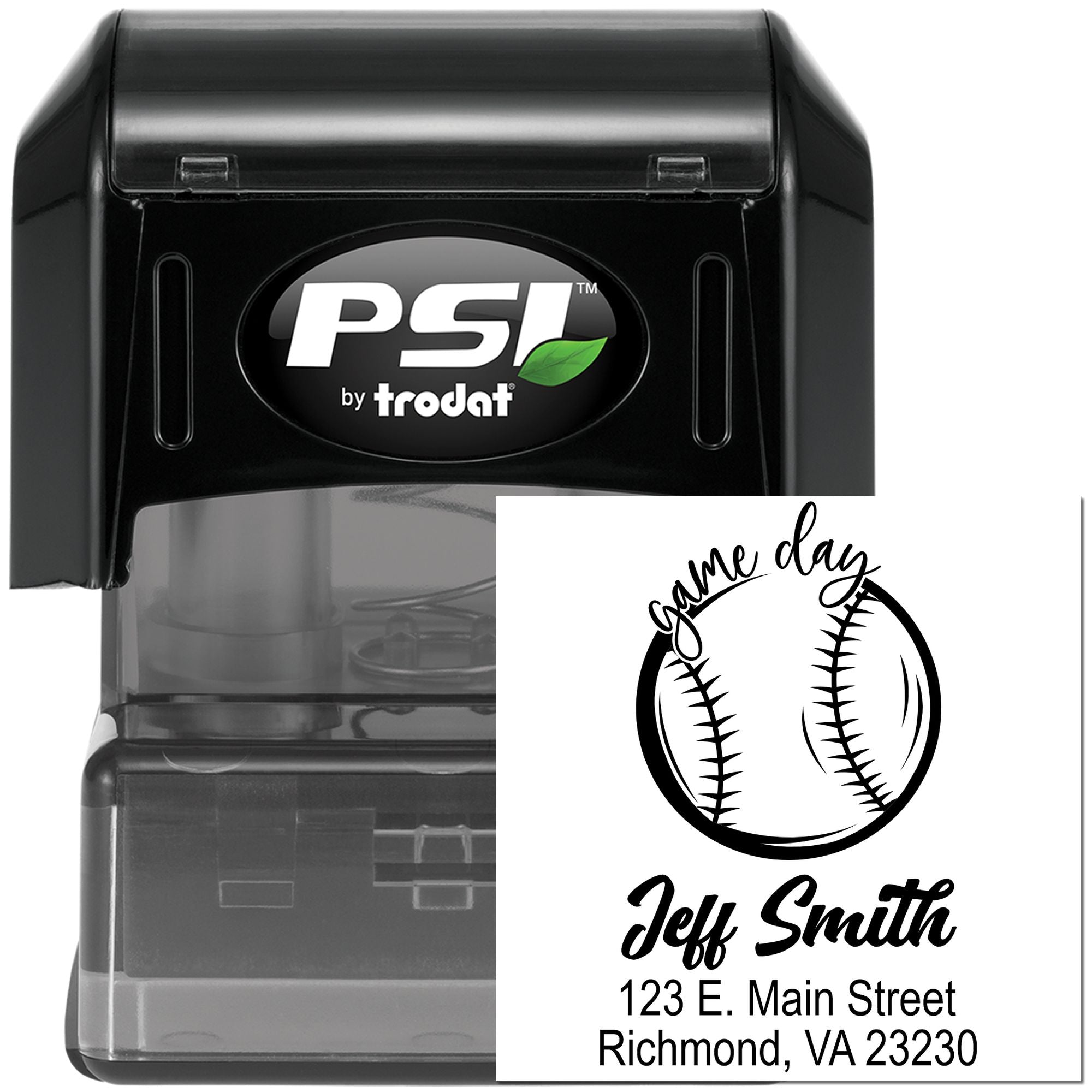 Personalized self-inking rubber stamp by PSI Trodat with custom baseball game day design and Jeff Smith address.
