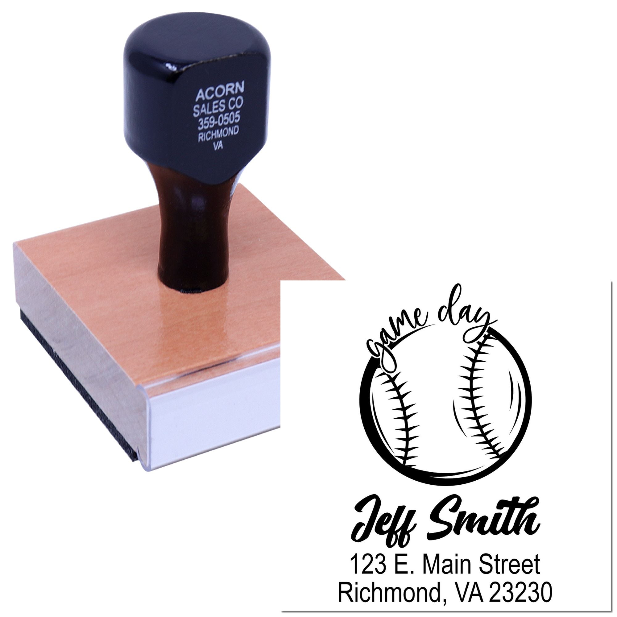 Custom baseball rubber stamp with return address design for personalized mail, team gifts, and sports-themed branding.