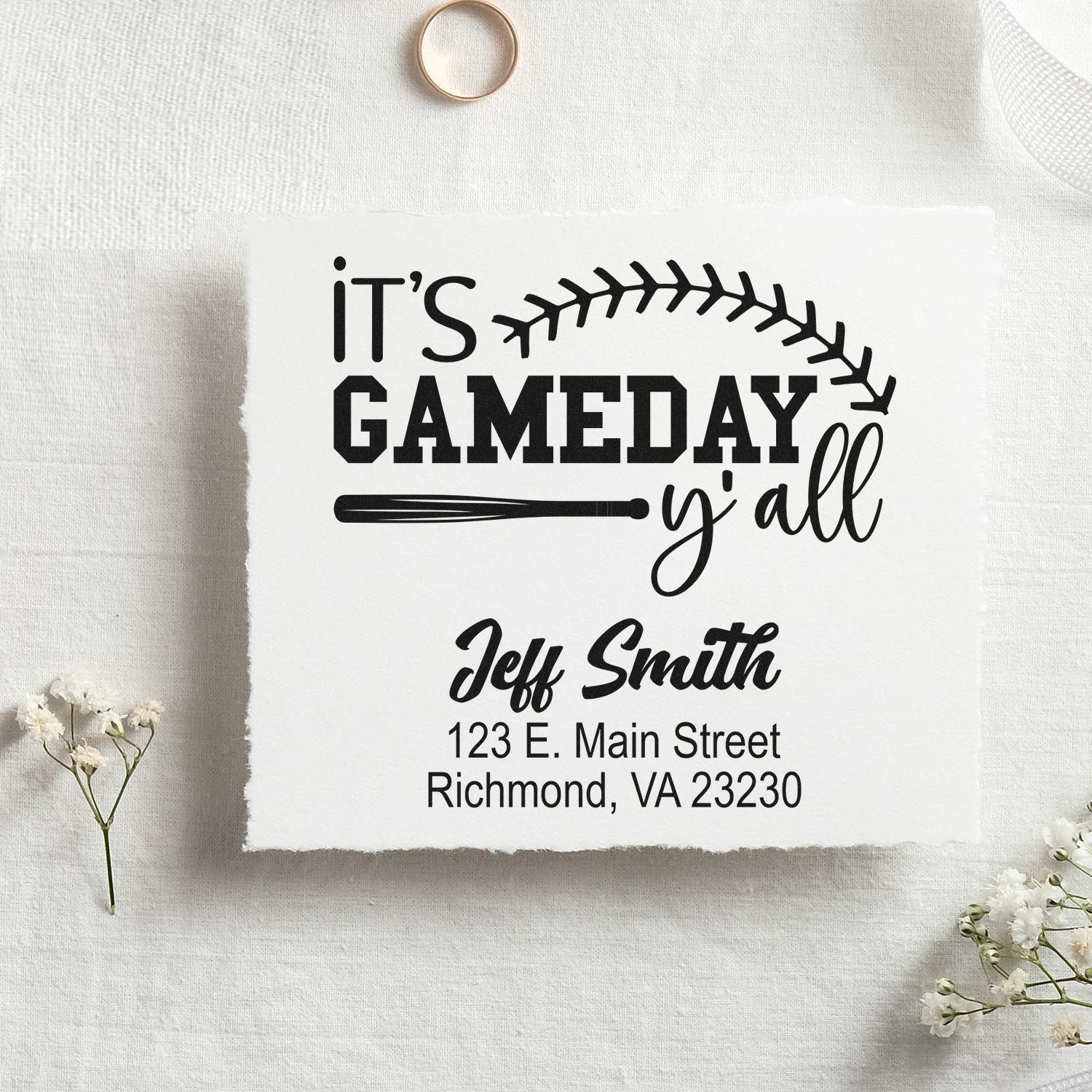 Custom baseball gameday return address rubber stamp with Its Gameday Yall design and personalized name and address.