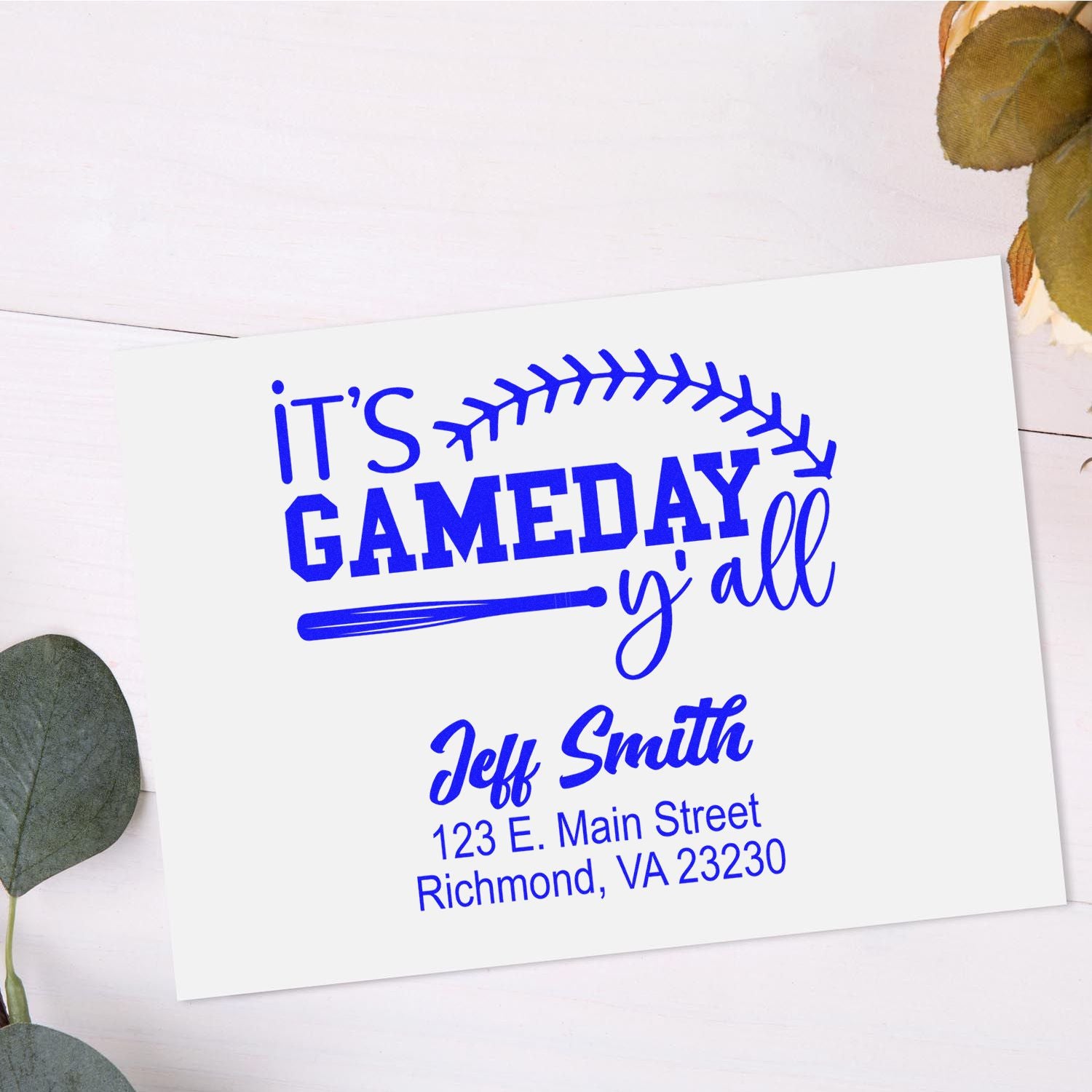 Custom baseball game day rubber stamp with return address for sports fans, invitations, and game day stationery.