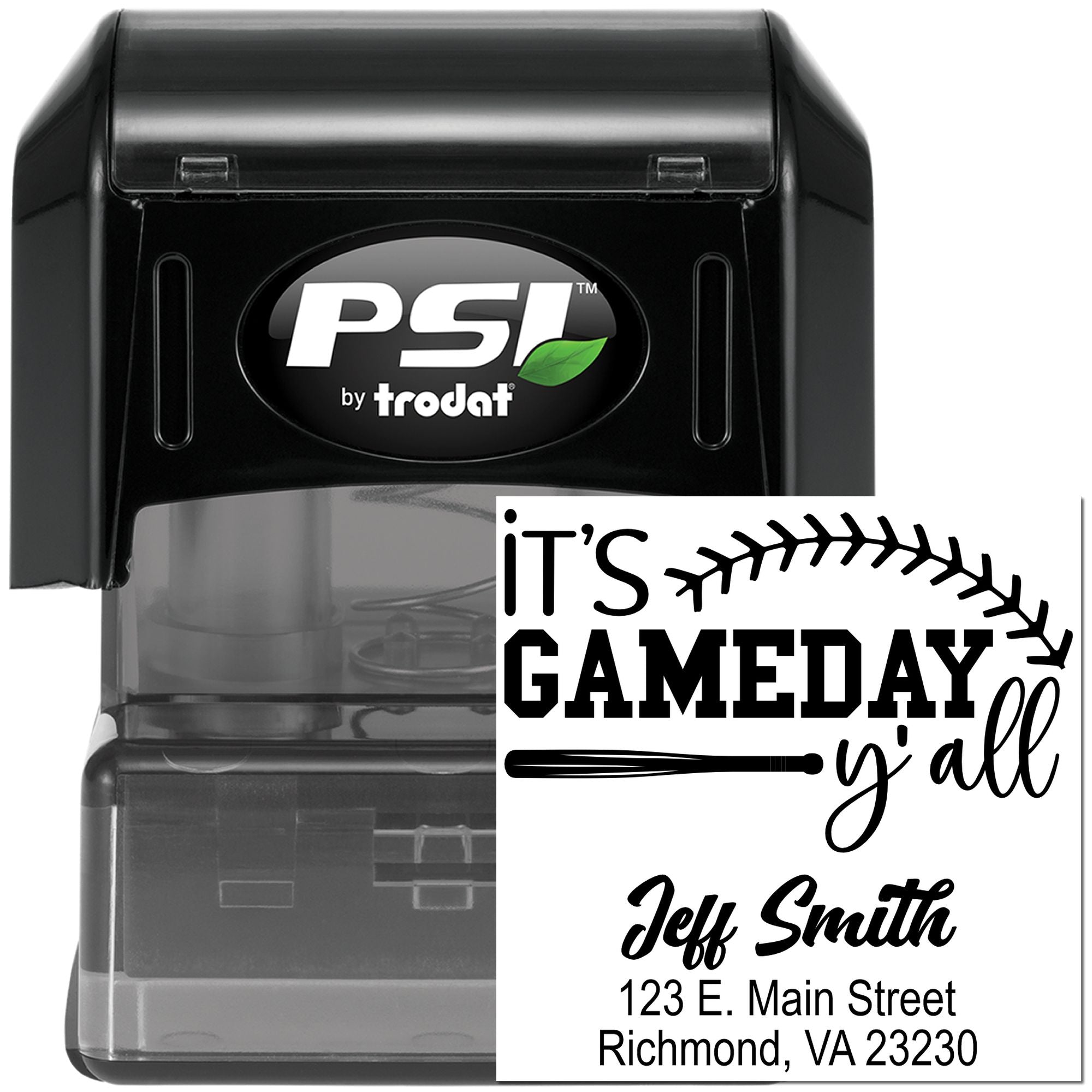 PSI by Trodat self-inking rubber stamp with custom baseball Its Gameday yall return address design
