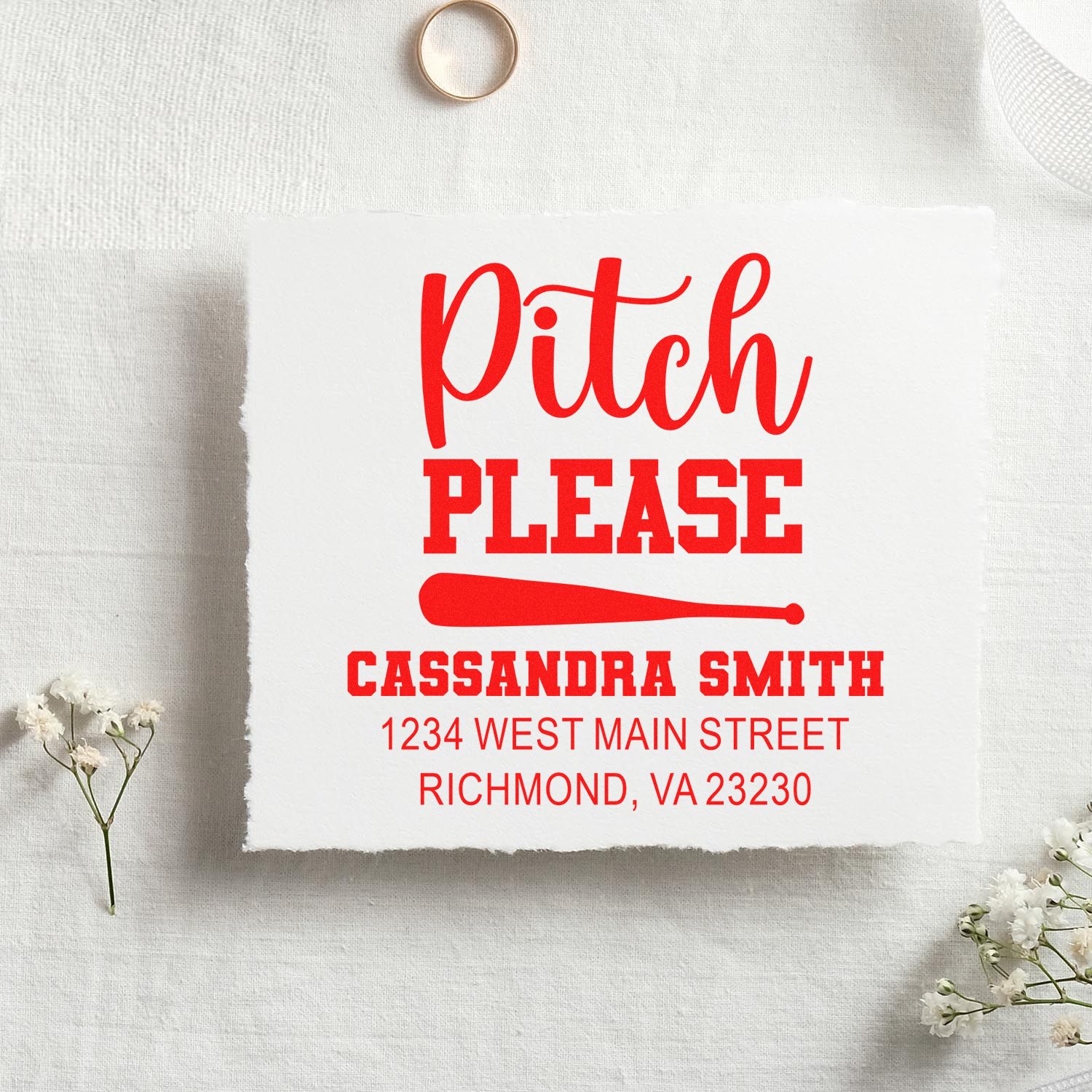 Custom baseball-themed return address rubber stamp reading Pitch Please for Cassandra Smith, Richmond, VA.