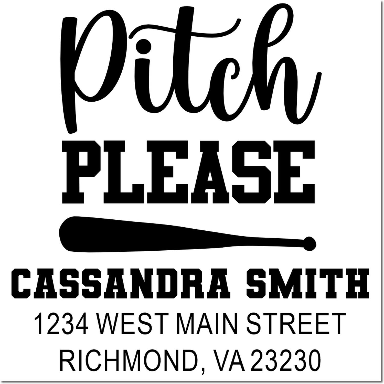 Custom baseball rubber stamp with Pitch Please, bat graphic, and return address for personalized sports stationery.