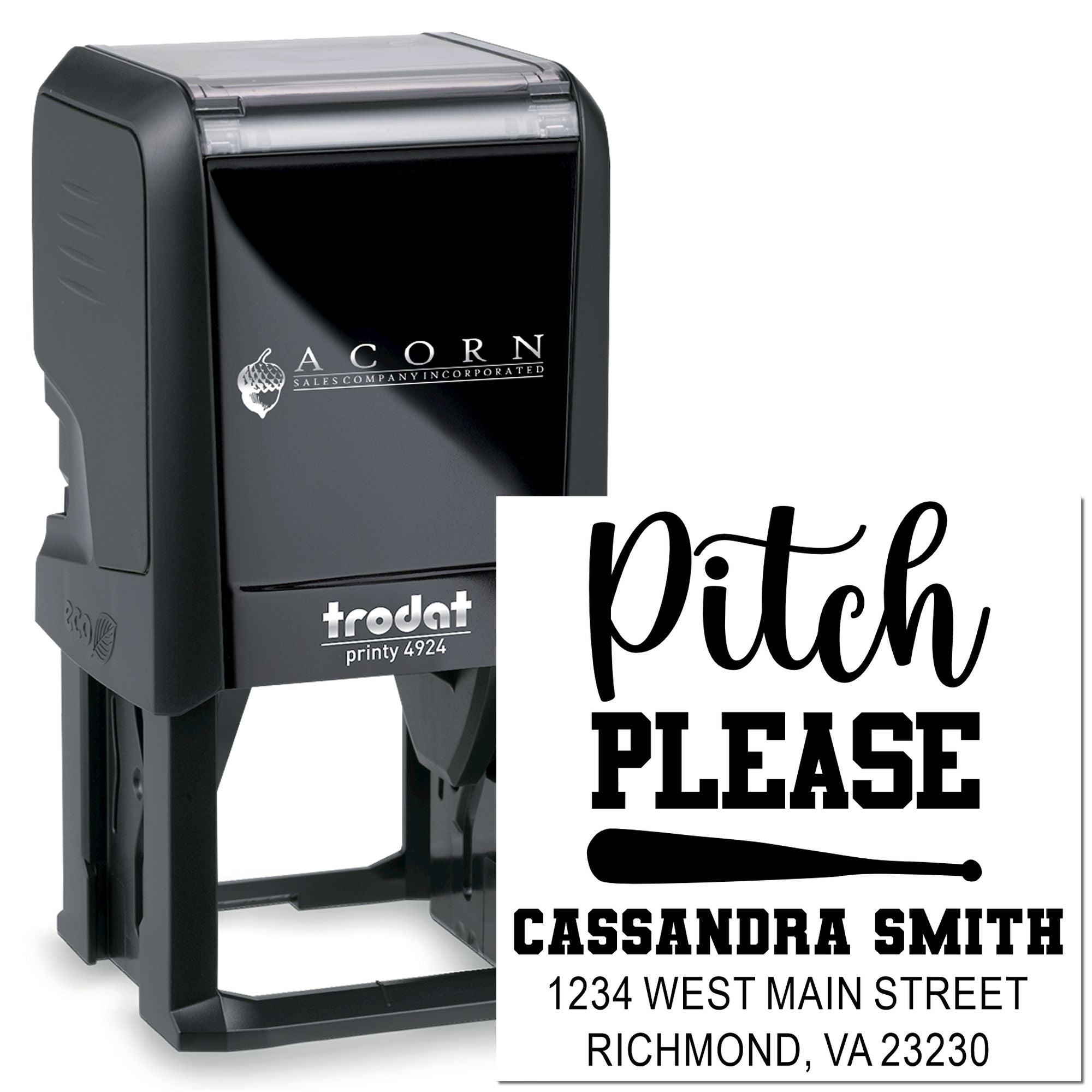Custom self-inking rubber stamp with Pitch Please address imprint, personalized Trodat Printy 4924 business stamp.