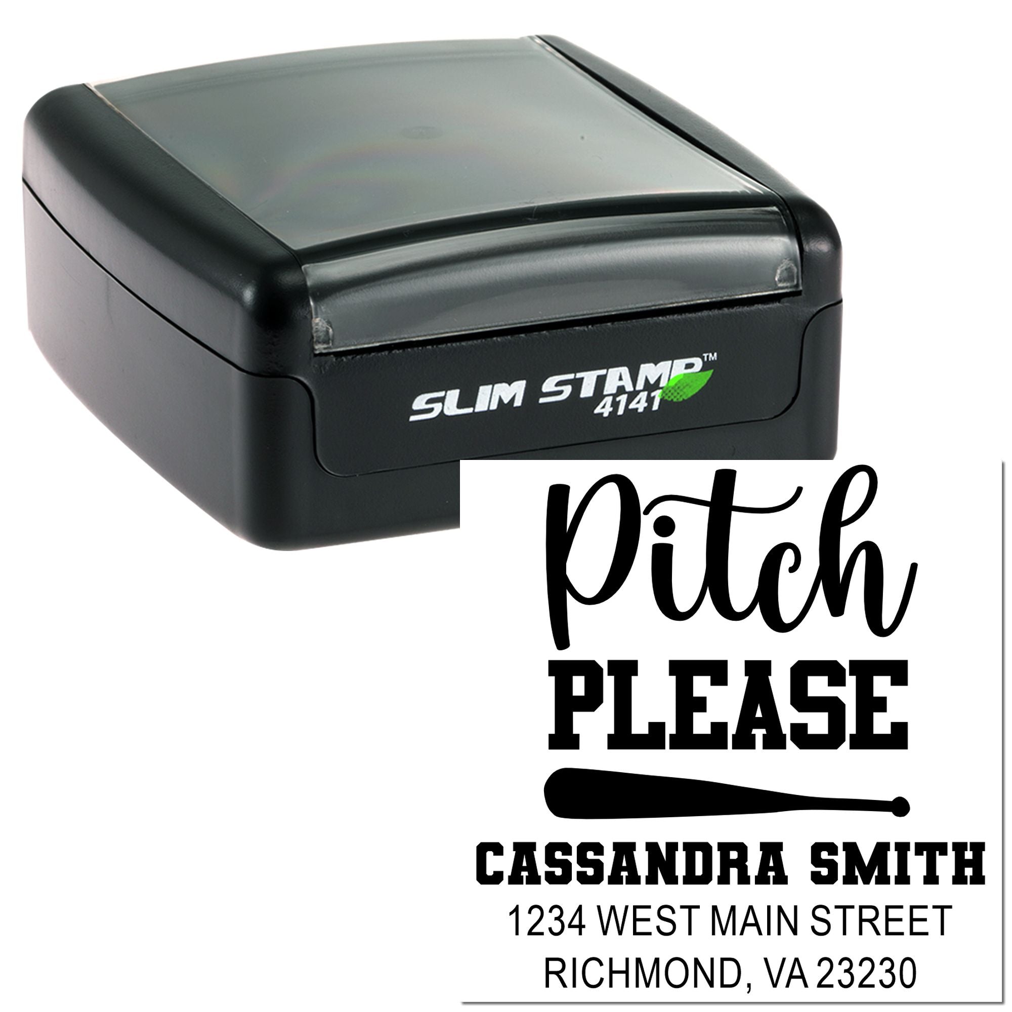 Custom self-inking rubber stamp with Pitch Please design, name, and return address for personalized business mailing.