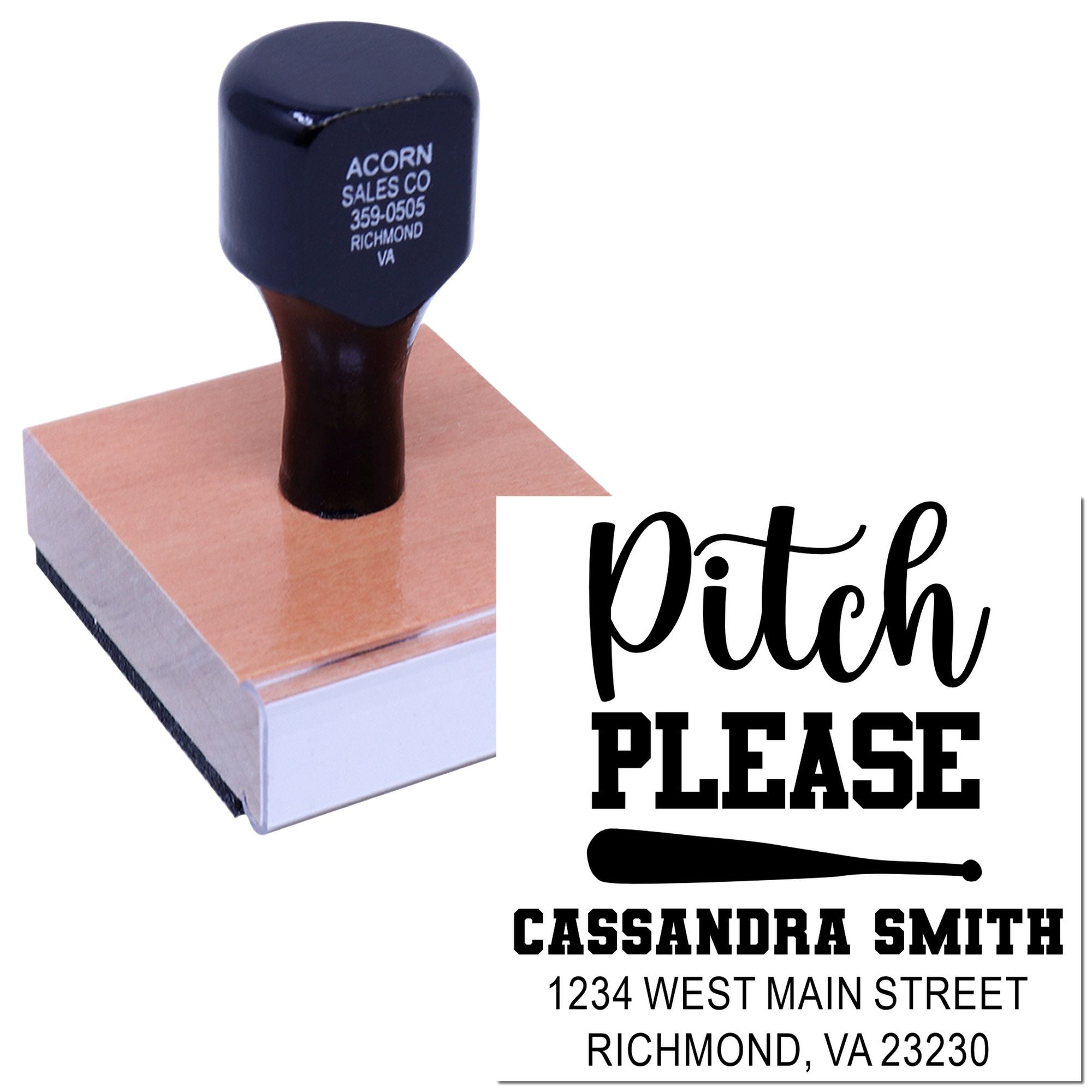 Custom rubber stamp with personalized business name and address, shown with Pitch Please sample imprint for branding.