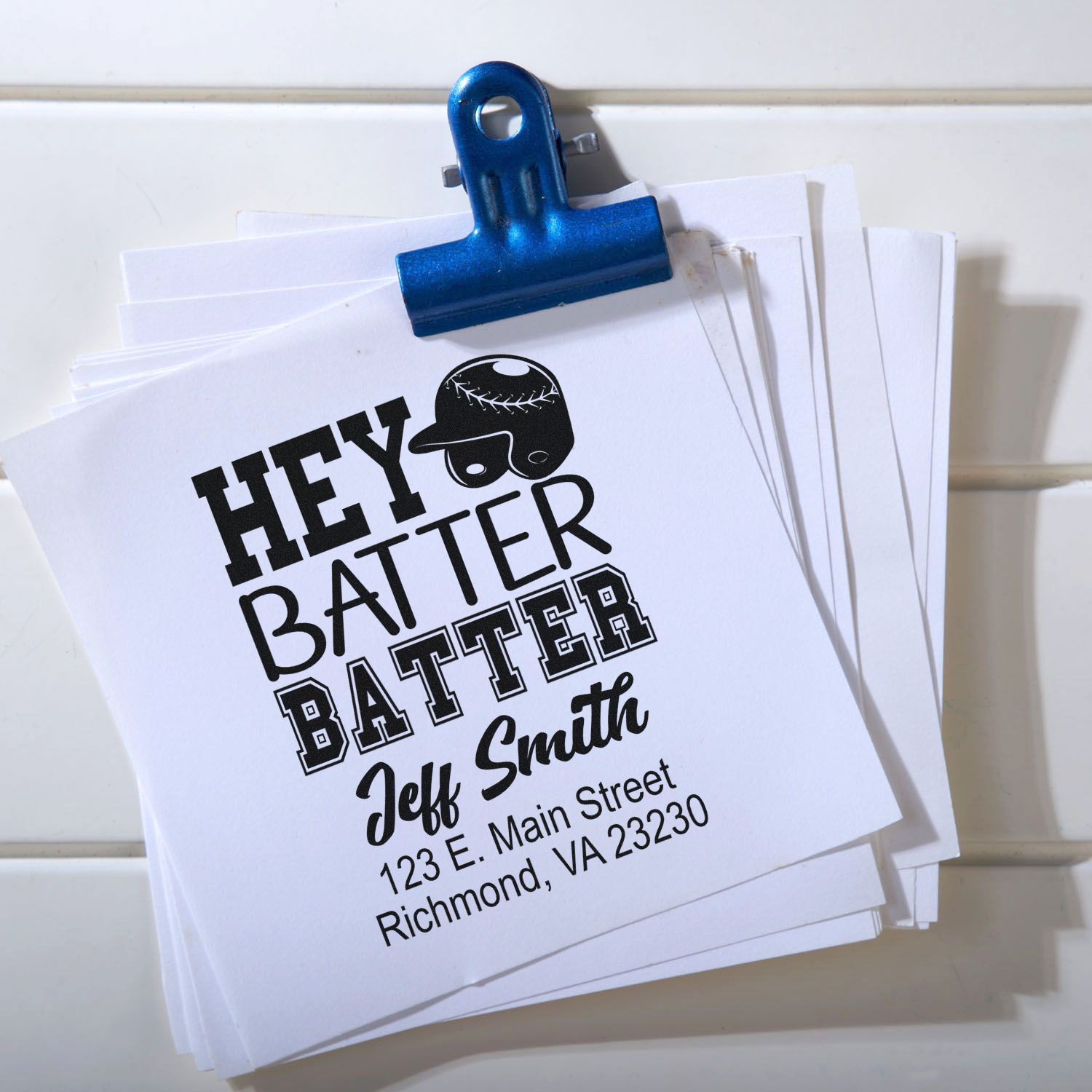 Custom baseball-themed rubber stamp proof with Hey Batter Batter and Jeff Smith return address.