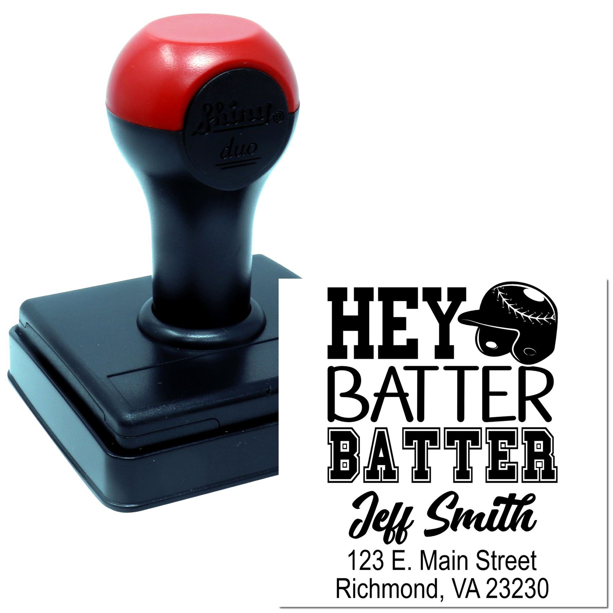 Personalized self-inking baseball rubber stamp with "Hey Batter Batter," Jeff Smith, and Richmond, VA address.