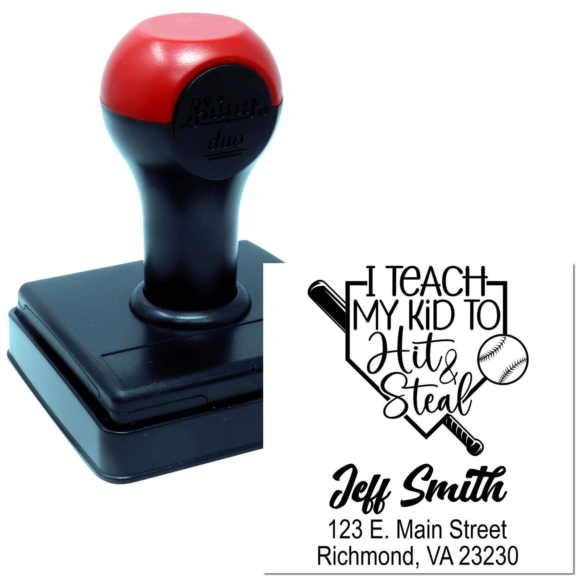 Custom self-inking baseball teacher rubber stamp with personalized name and address for classroom or mailing use.
