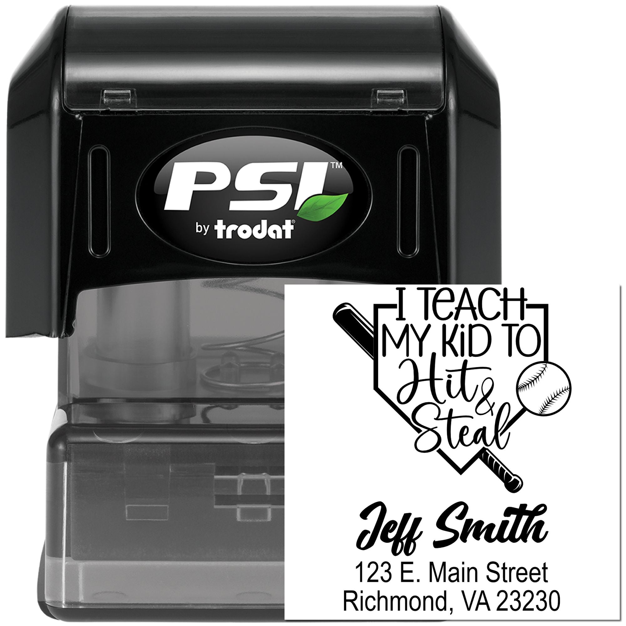 PSI by Trodat self-inking custom baseball rubber stamp with coach message, name, and address.