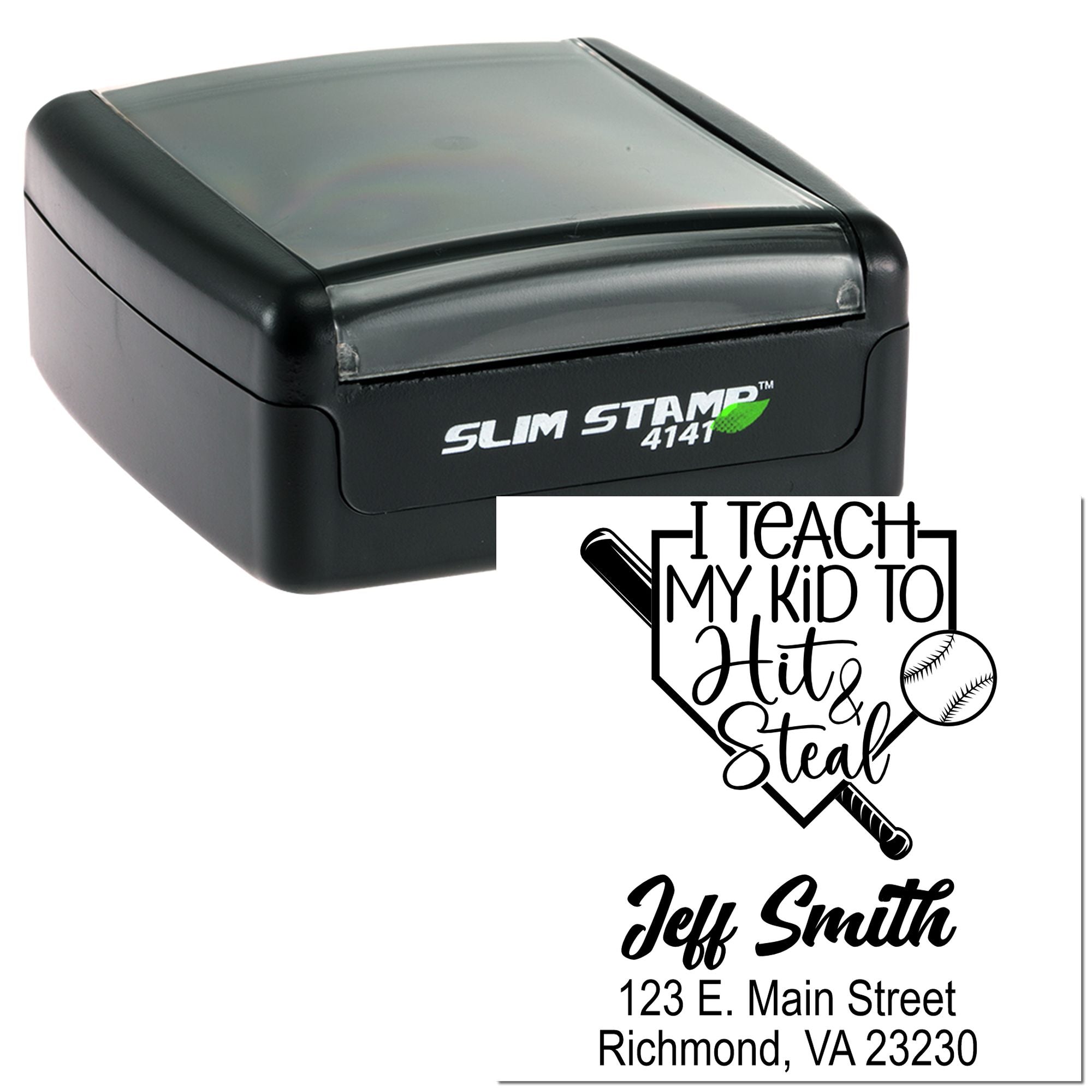 Custom self-inking rubber stamp with baseball bat design and personalized teacher wording, name, and address.