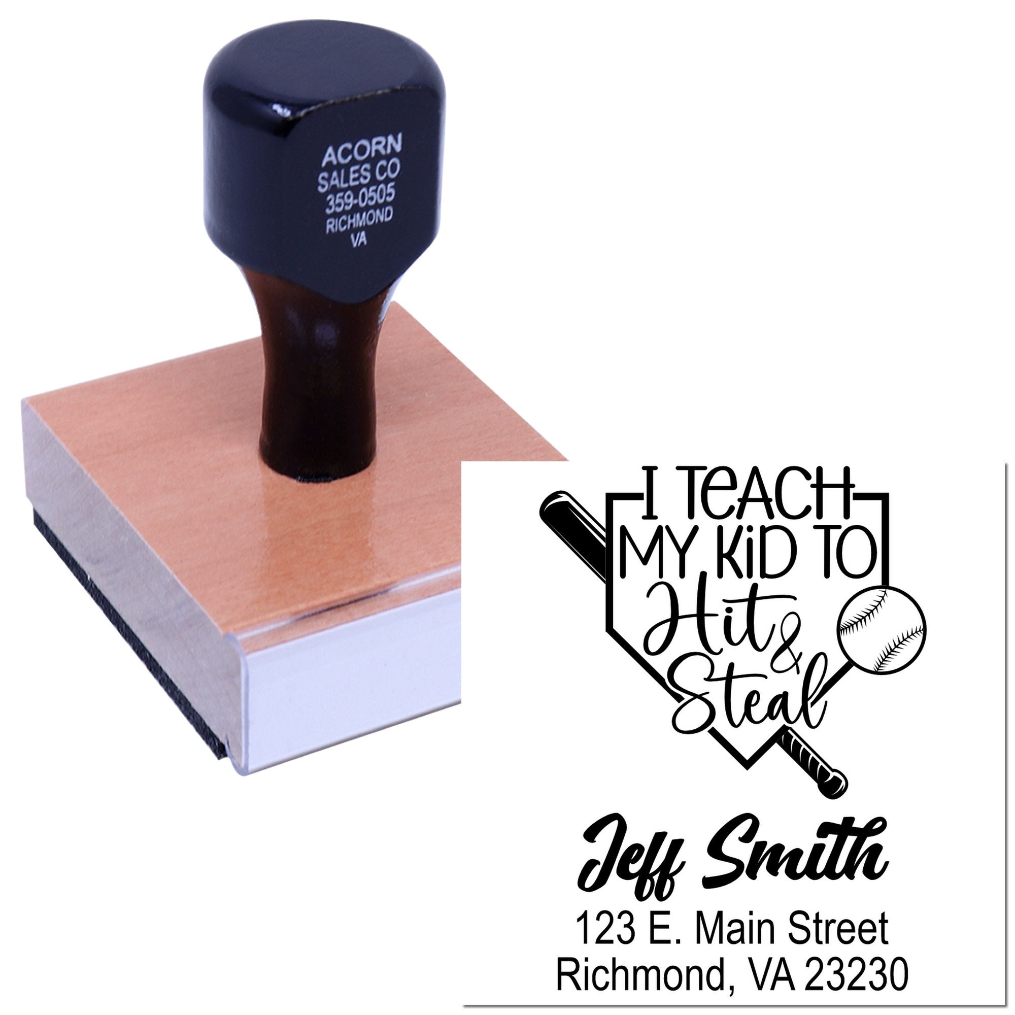 Custom baseball rubber stamp with I Teach My Kid To Hit & Steal design and personalized return address.