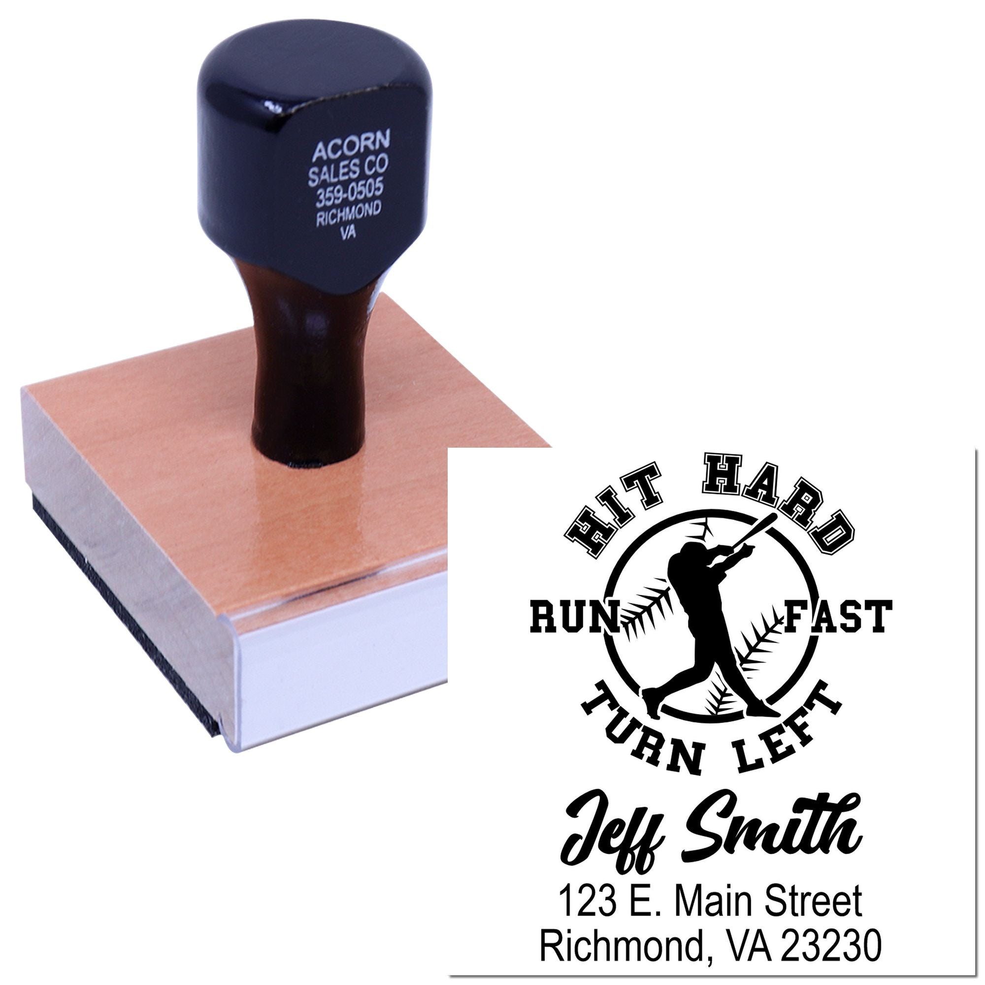 Custom rubber stamp with baseball logo, name, and address for personalized envelopes, stationery, and team branding.