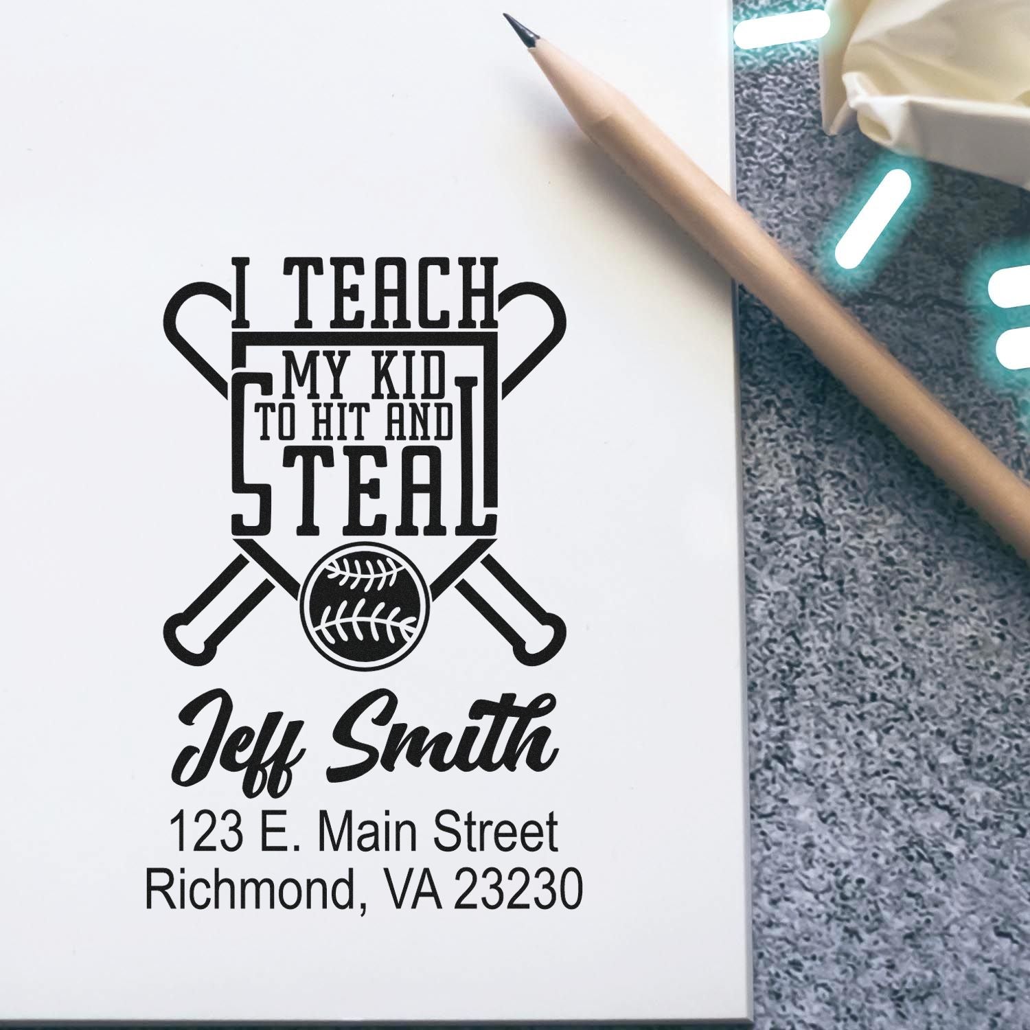 Personalized teacher rubber stamp with baseball theme and I teach my kid to hit and steal message for school use.