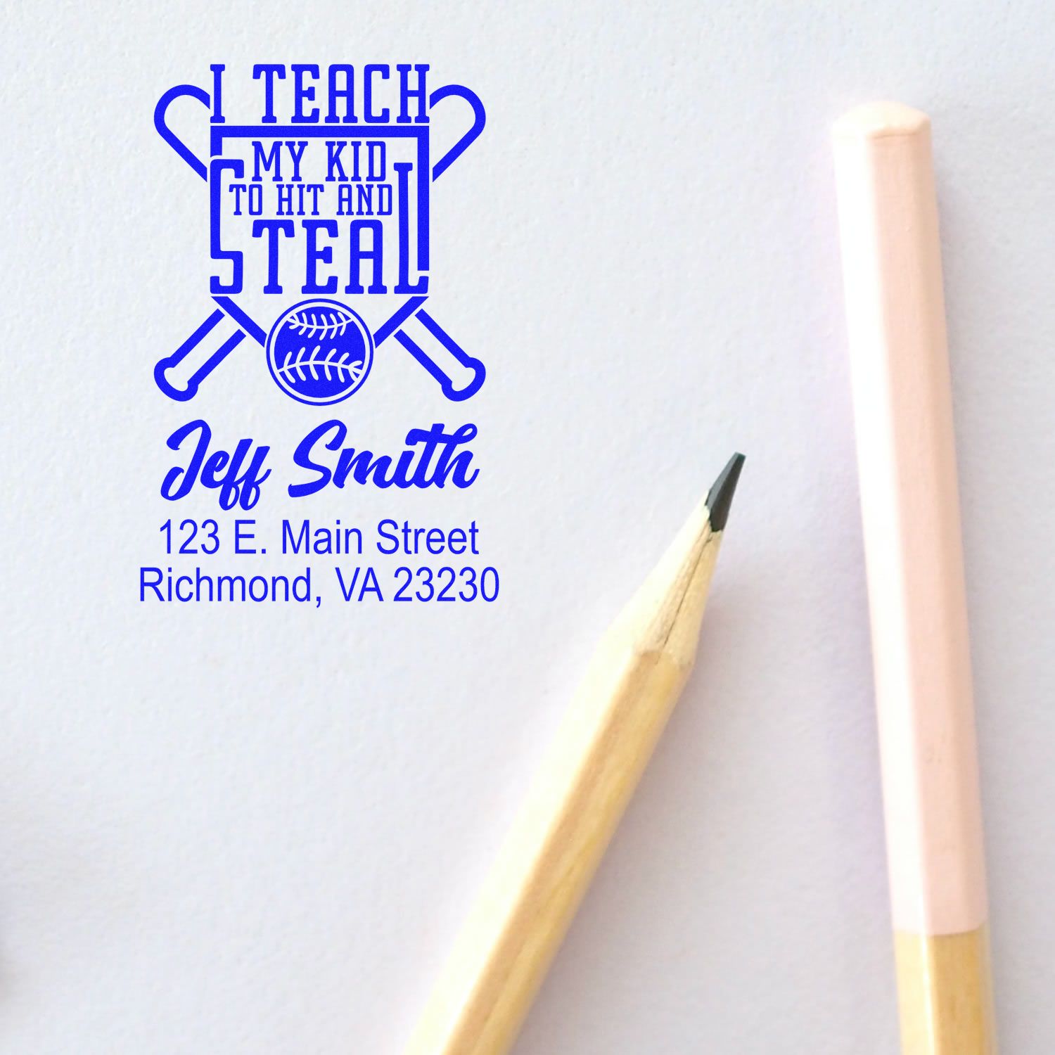 Custom baseball-themed rubber address stamp with personalized name and Richmond, VA address for sports families.