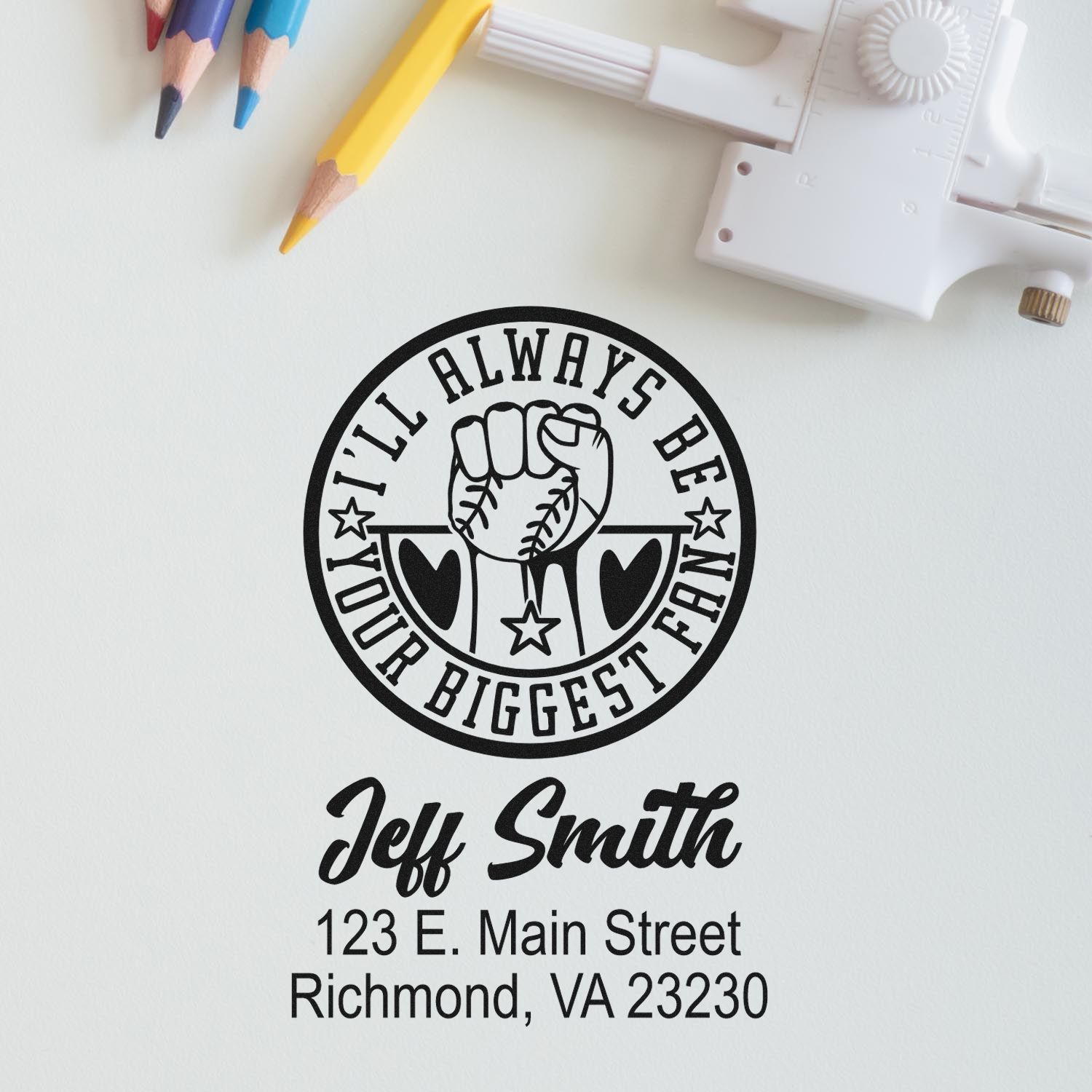 Personalized rubber stamp with baseball fan design, name, and address for custom self-inking address stamps.
