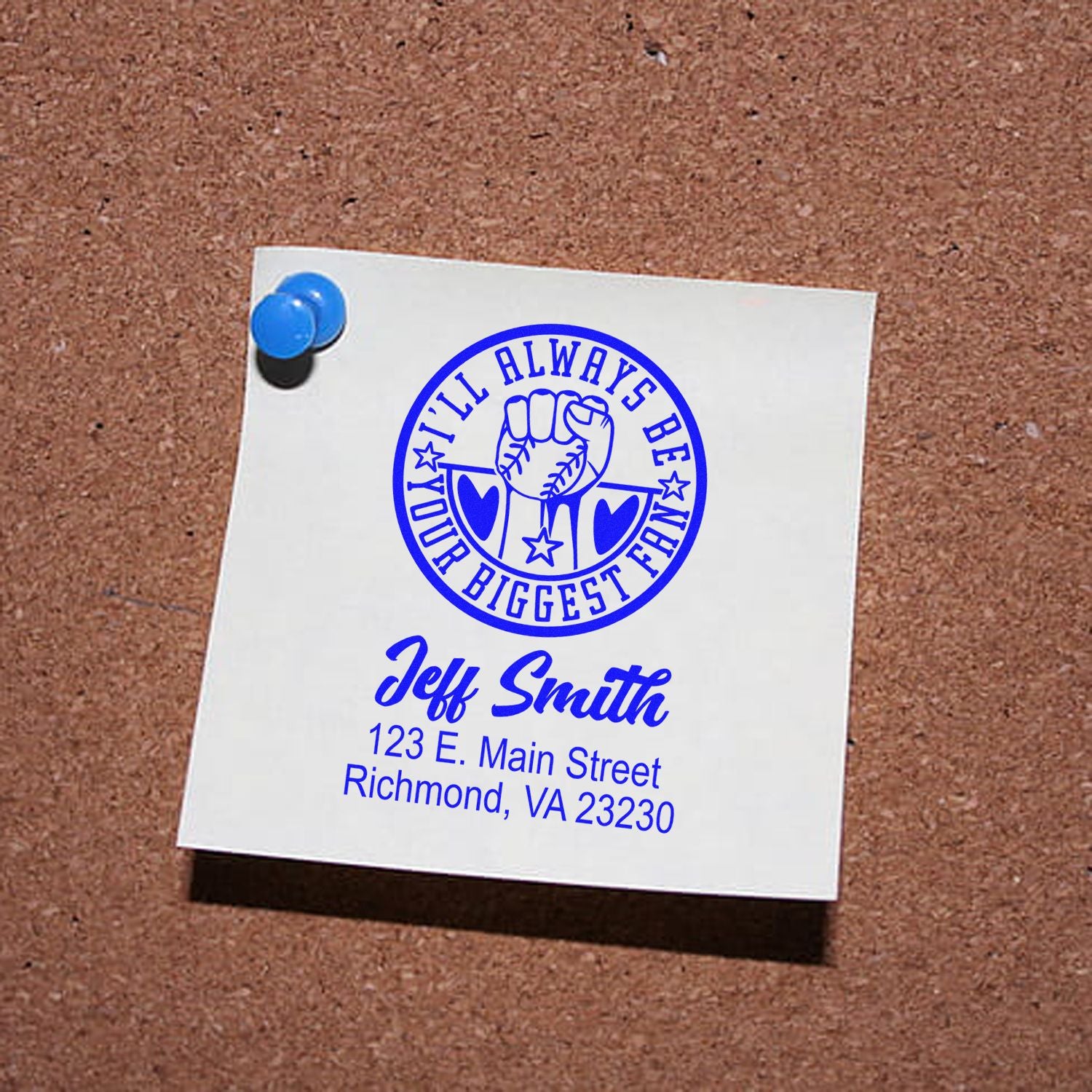 Custom rubber stamp design with baseball fan message, Ill always be your biggest fan, for Jeff Smith return address.