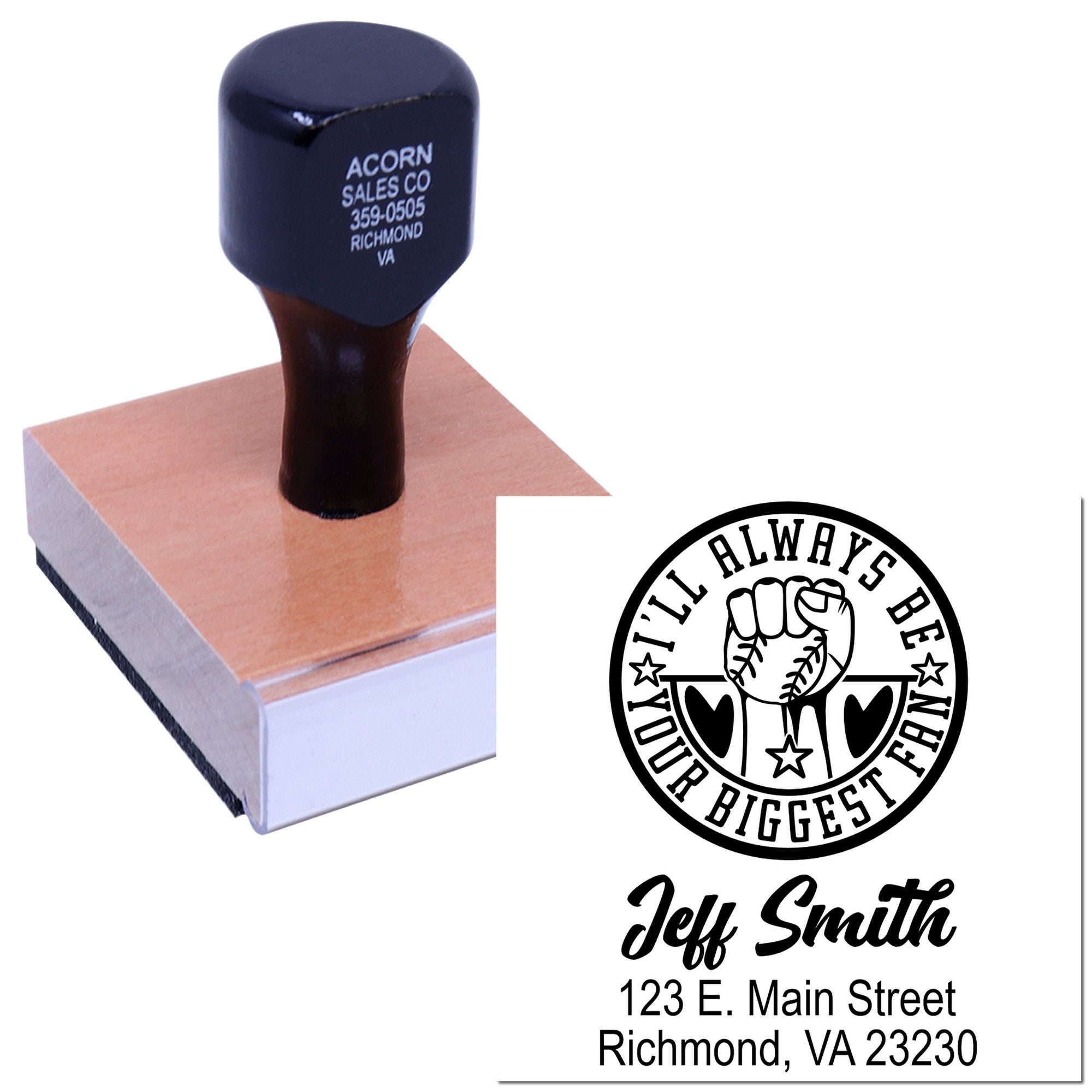 Custom wood mount rubber stamp with business logo, name, and address imprint example for branding and return address use.