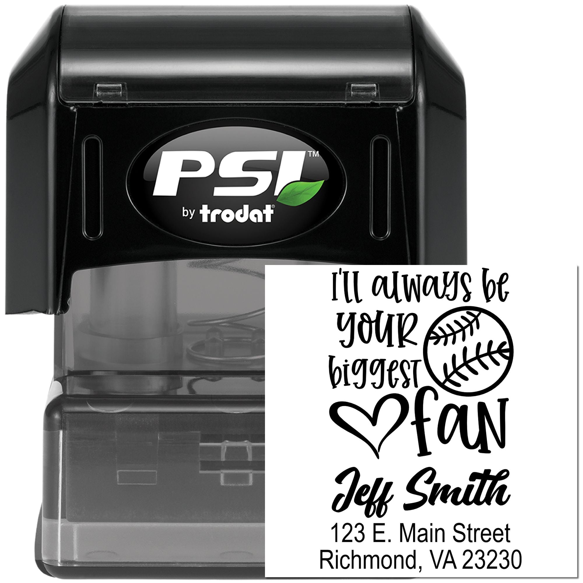 PSI by Trodat self-inking rubber stamp with custom baseball fan name and address imprint.