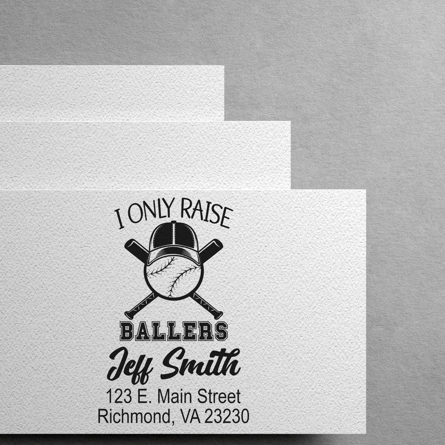 Custom baseball address rubber stamp with I Only Raise Ballers, Jeff Smith name, and Richmond, VA address.