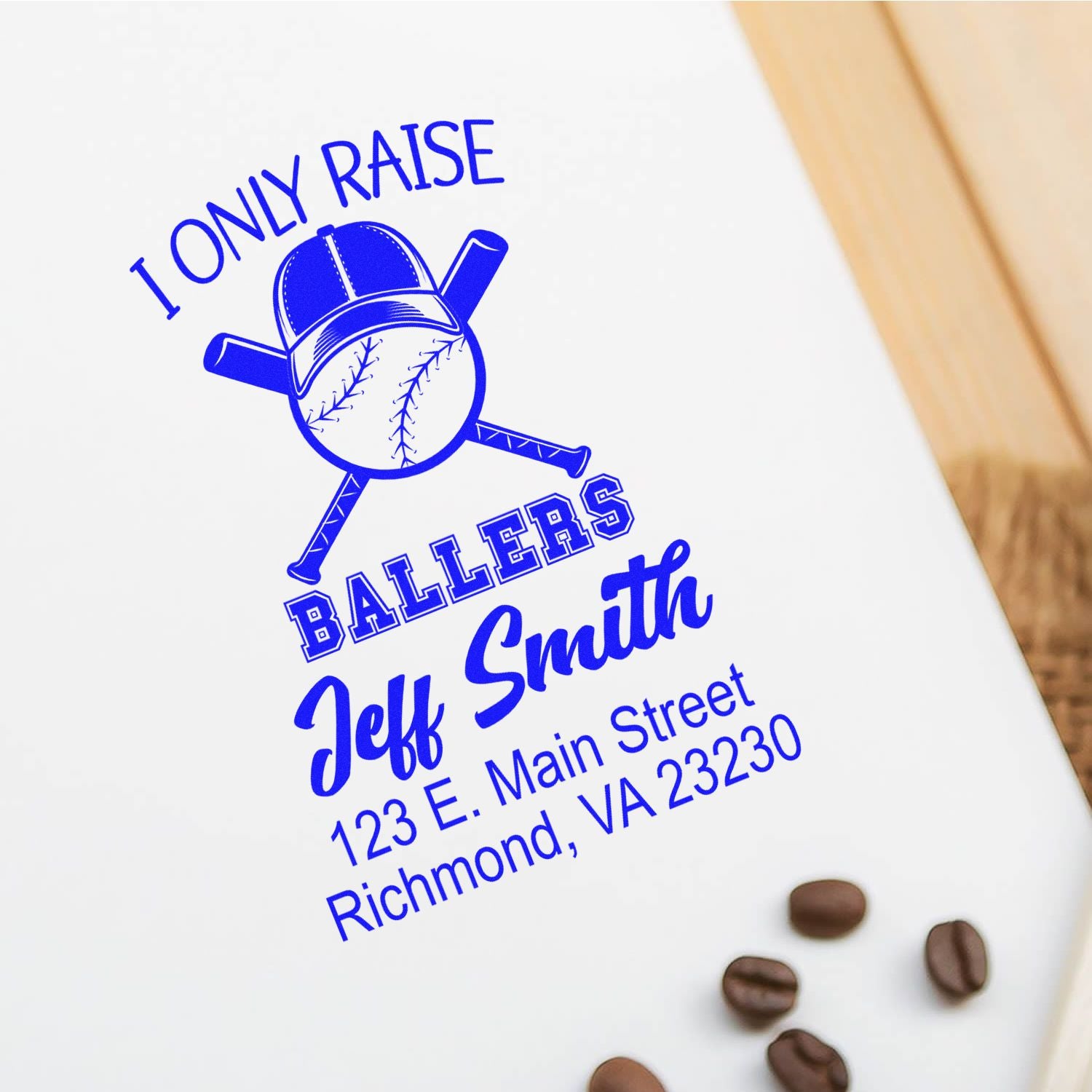 Custom baseball rubber stamp design for Jeff Smith with I Only Raise Ballers and personalized return address imprint.