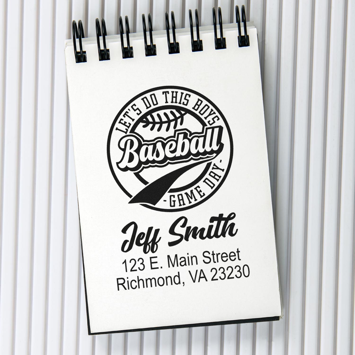 Personalized baseball rubber stamp imprint with name and address, featuring a Lets Do This Boys Game Day design.