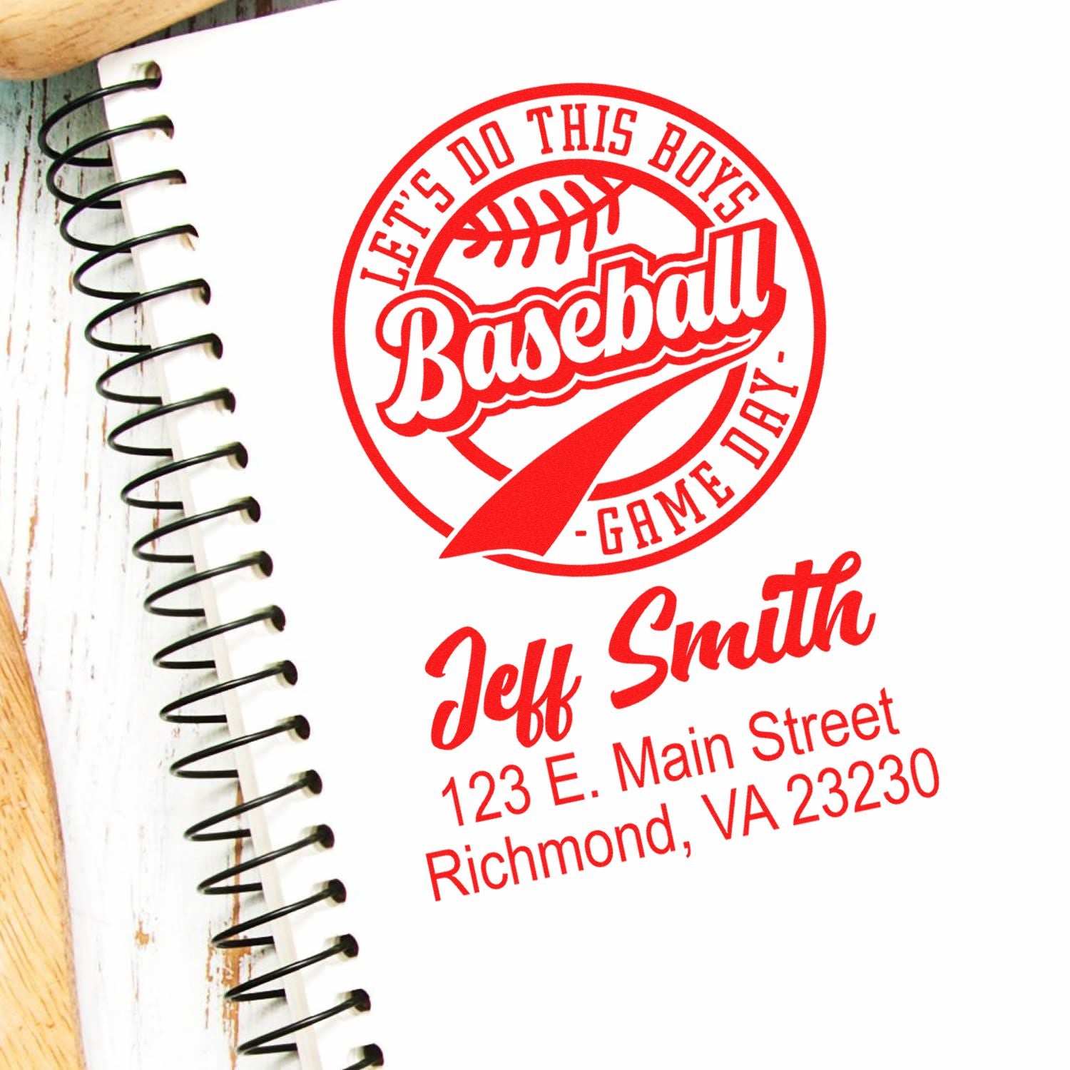 Custom baseball rubber stamp with personalized name and address for sports stationery, team gifts, and game day branding.