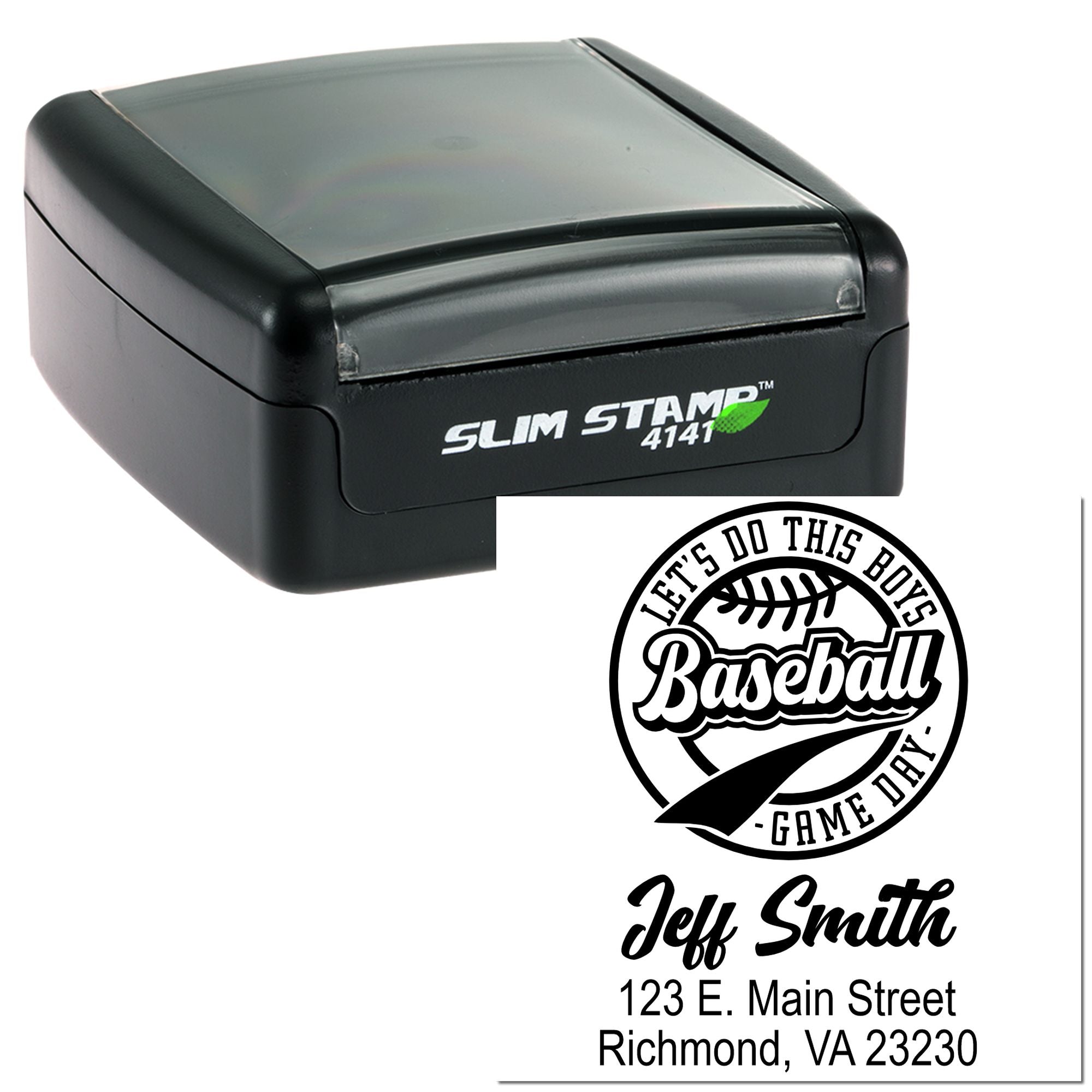 Custom self-inking rubber stamp with baseball design, Jeff Smith name, and Richmond, VA address for personalized business branding.