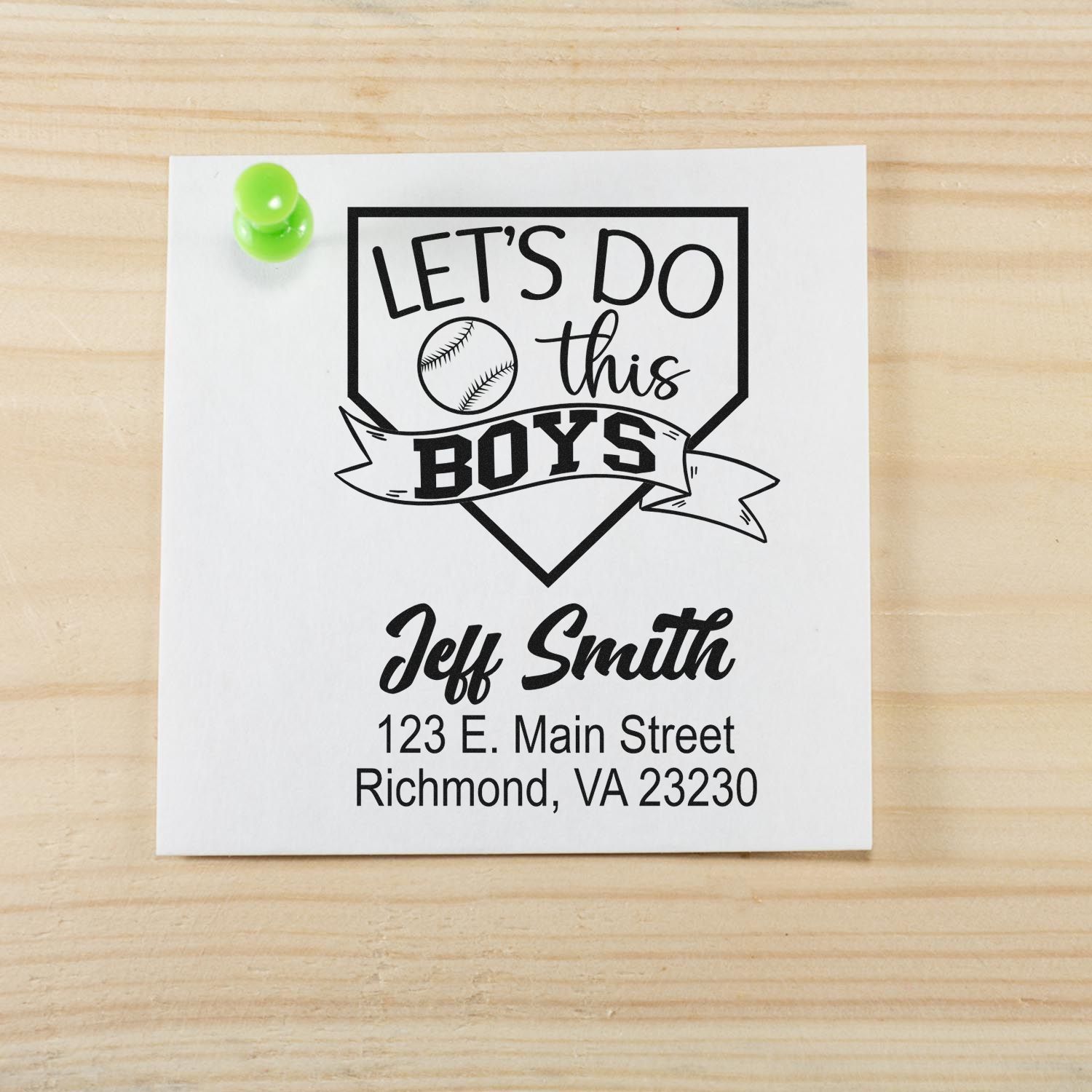 Custom baseball rubber stamp design with Lets Do This Boys and personalized name and address for team stationery.