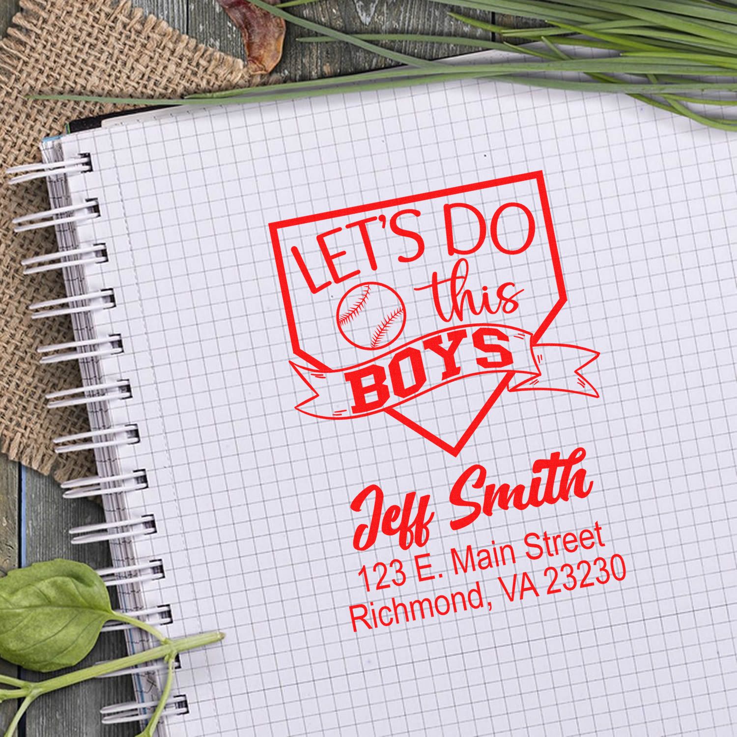 Custom baseball rubber stamp design reading Lets Do This Boys with Jeff Smith name and Richmond, VA address.