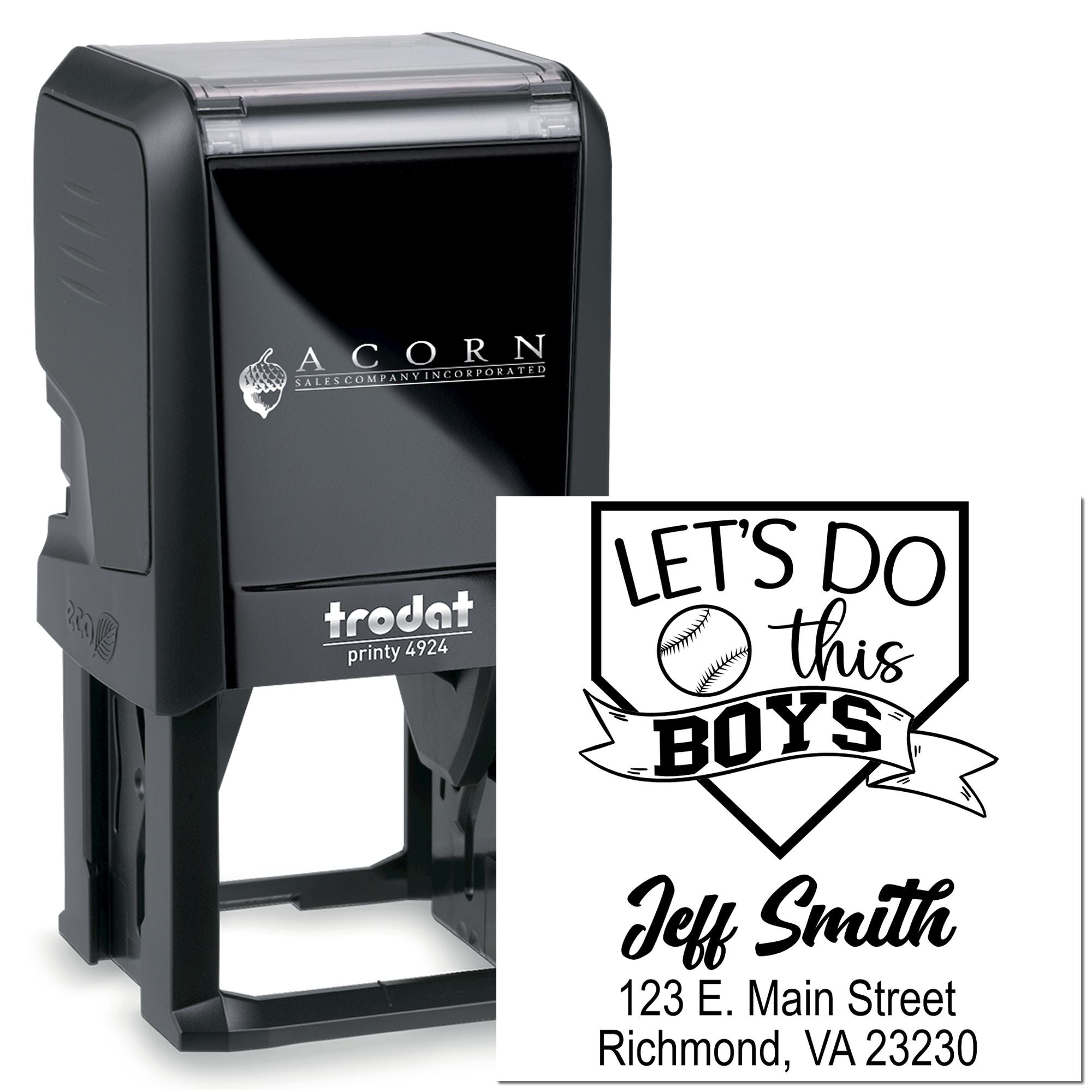 Custom Trodat self-inking rubber stamp with baseball design and address for personalized business, sports, or event stamping.