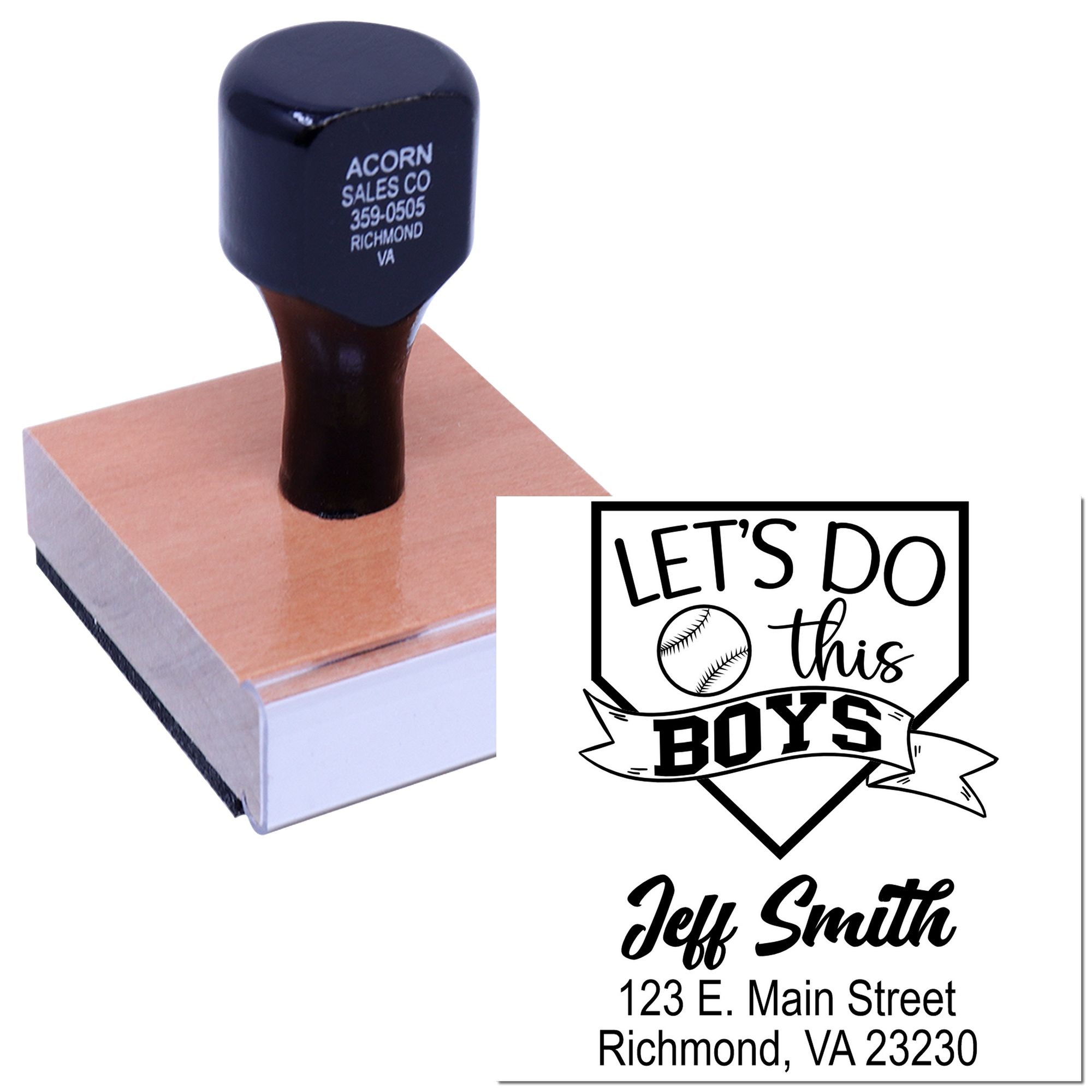 Custom rubber stamp with baseball Lets do this boys design and personalized name and address imprint.