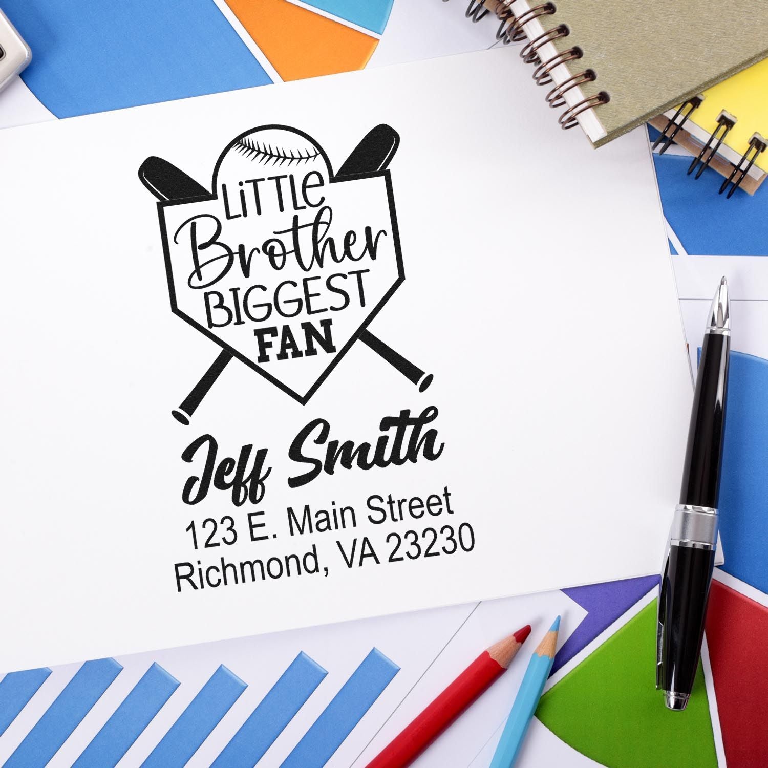 Personalized baseball rubber stamp with Little Brother Biggest Fan design, Jeff Smith name, and Richmond, VA address.