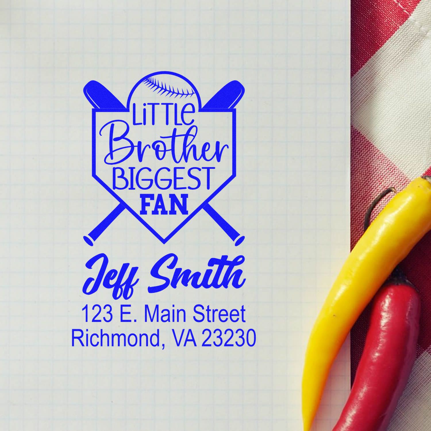 Custom baseball rubber stamp for a little brothers biggest fan, featuring Jeff Smiths personalized return address in Richmond, VA.