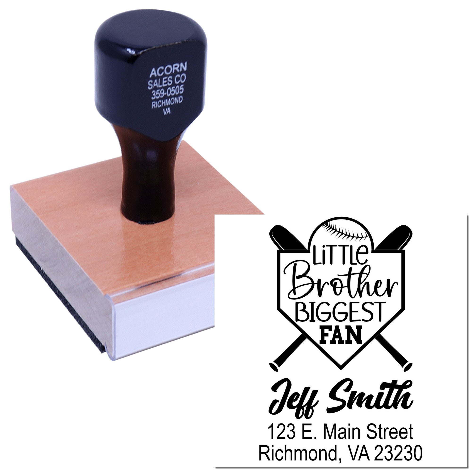 Custom baseball rubber stamp with Little Brother Biggest Fan and address for personalized stationery or fan gifts.