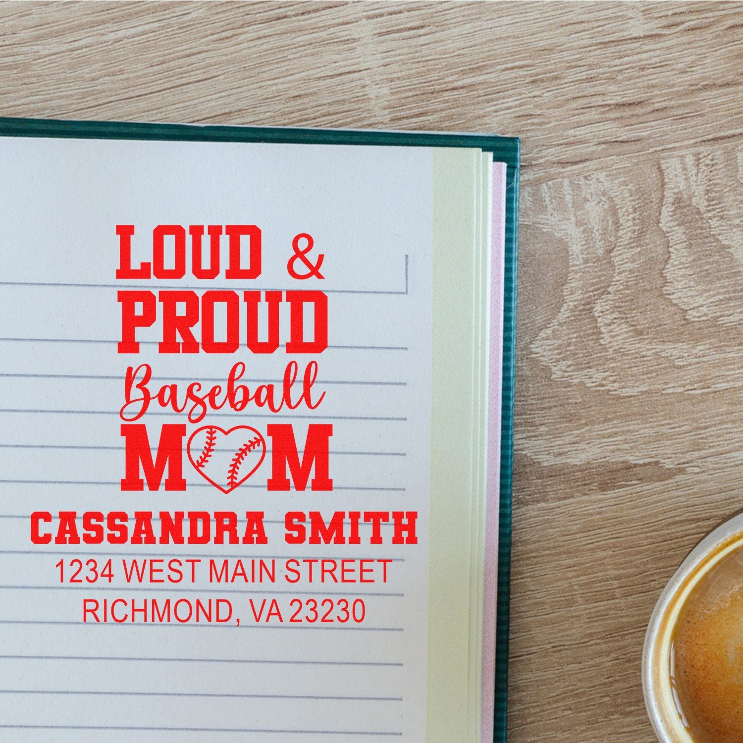 Loud & Proud Baseball Mom custom rubber stamp with name and address for personalized stationery and fan gifts.