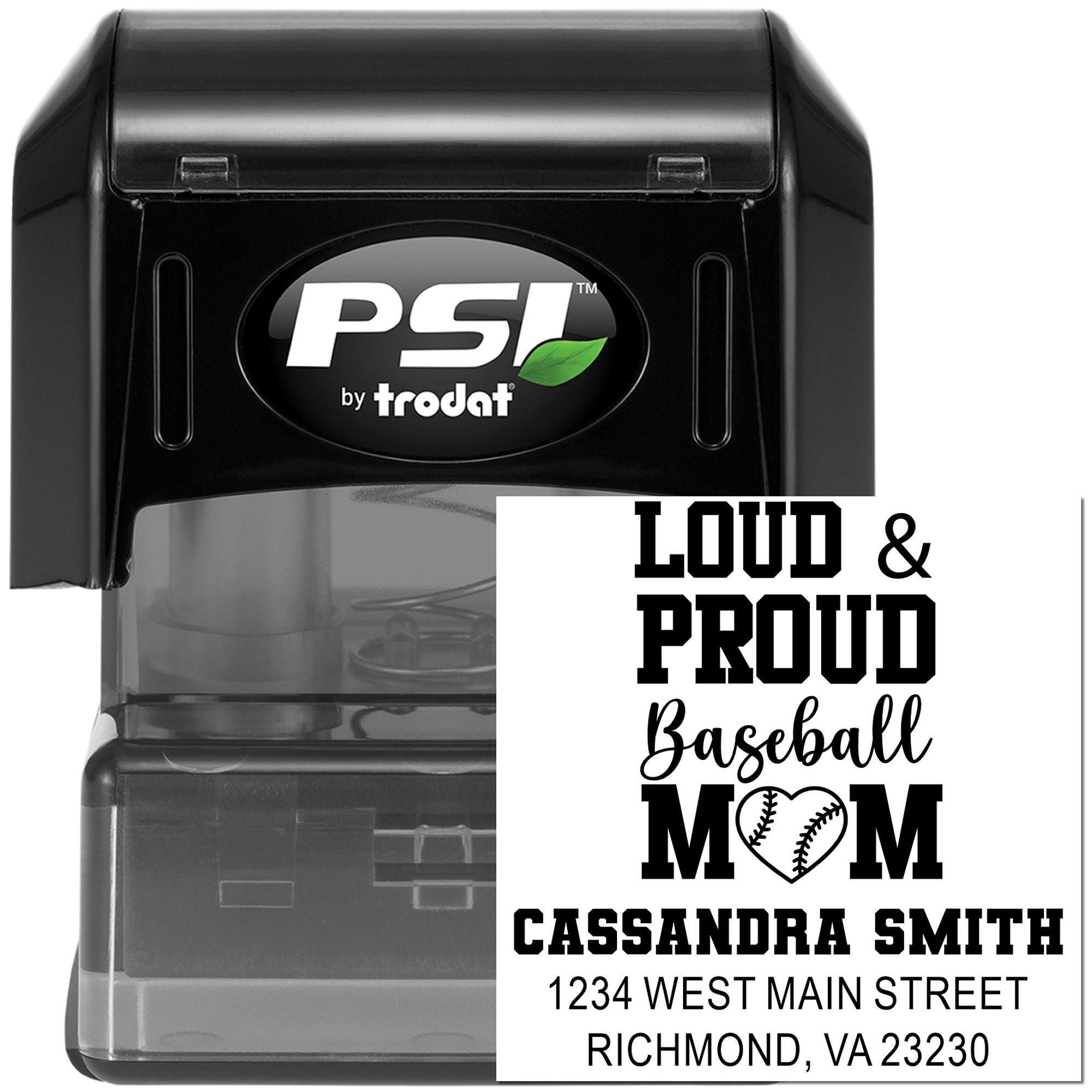 Custom self-inking rubber stamp for Loud & Proud Baseball Mom, personalized with name and address, PSI by Trodat.
