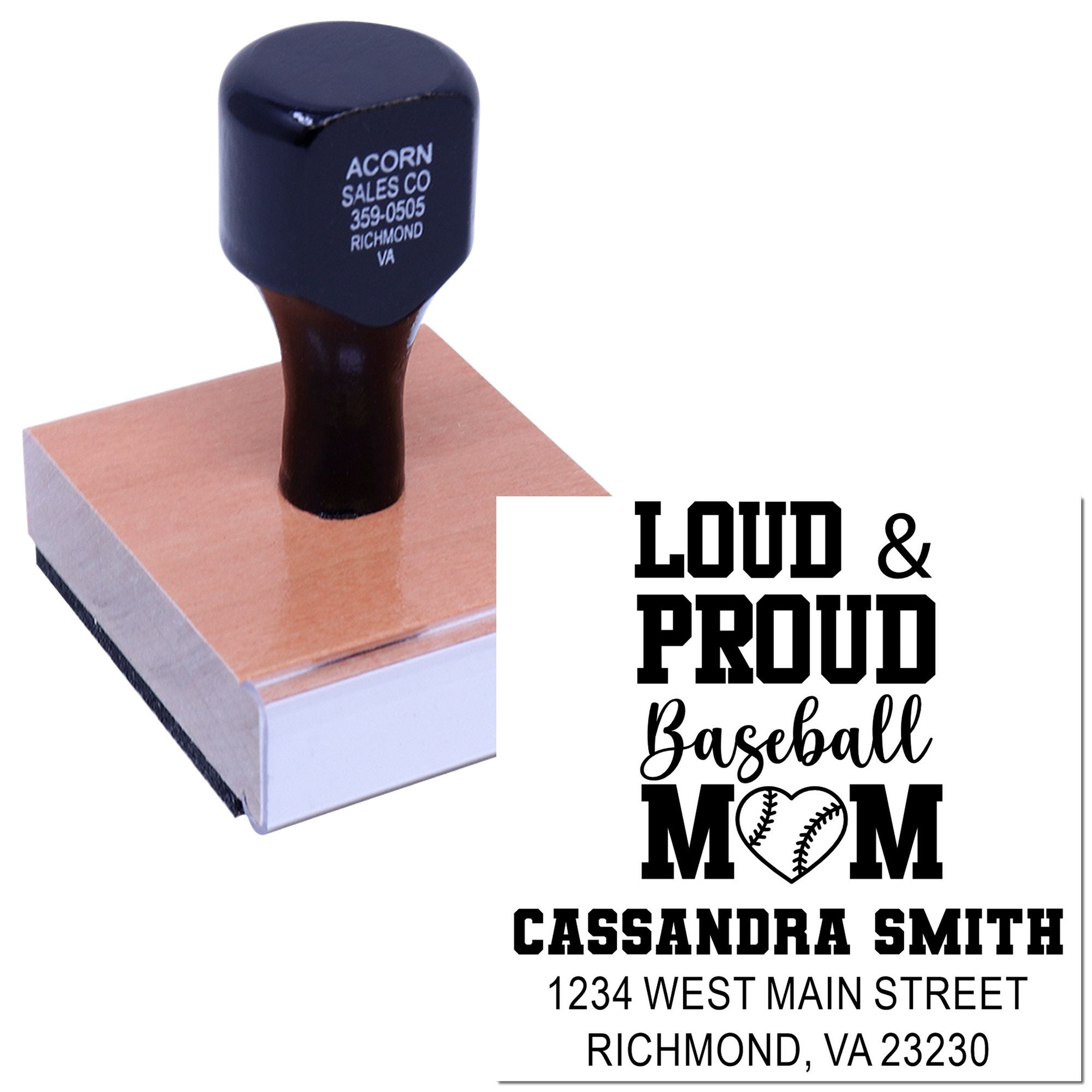 Custom baseball mom rubber stamp with personalized name and address, shown with sample imprint for crafts and mailing.