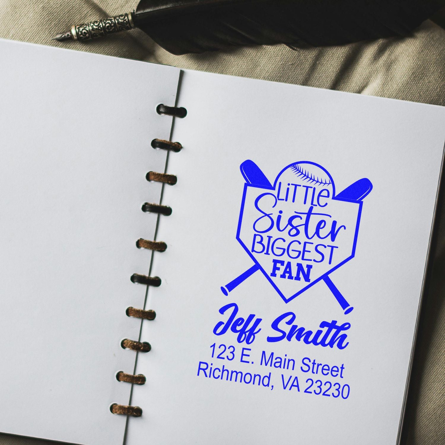 Personalized baseball rubber stamp for Little Sister Biggest Fan with Jeff Smith address on notebook paper.